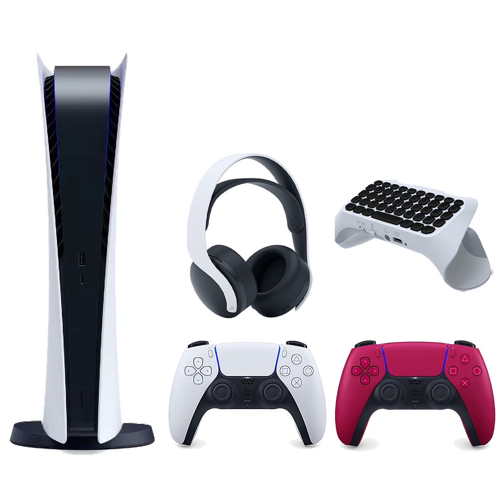 Sony Playstation 5 Digital Edition Console with Extra Red Controller, White PULSE 3D Headset and Surge QuickType 2.0 Wireless PS5 Controller Keypad Bundle - Pro-Distributing