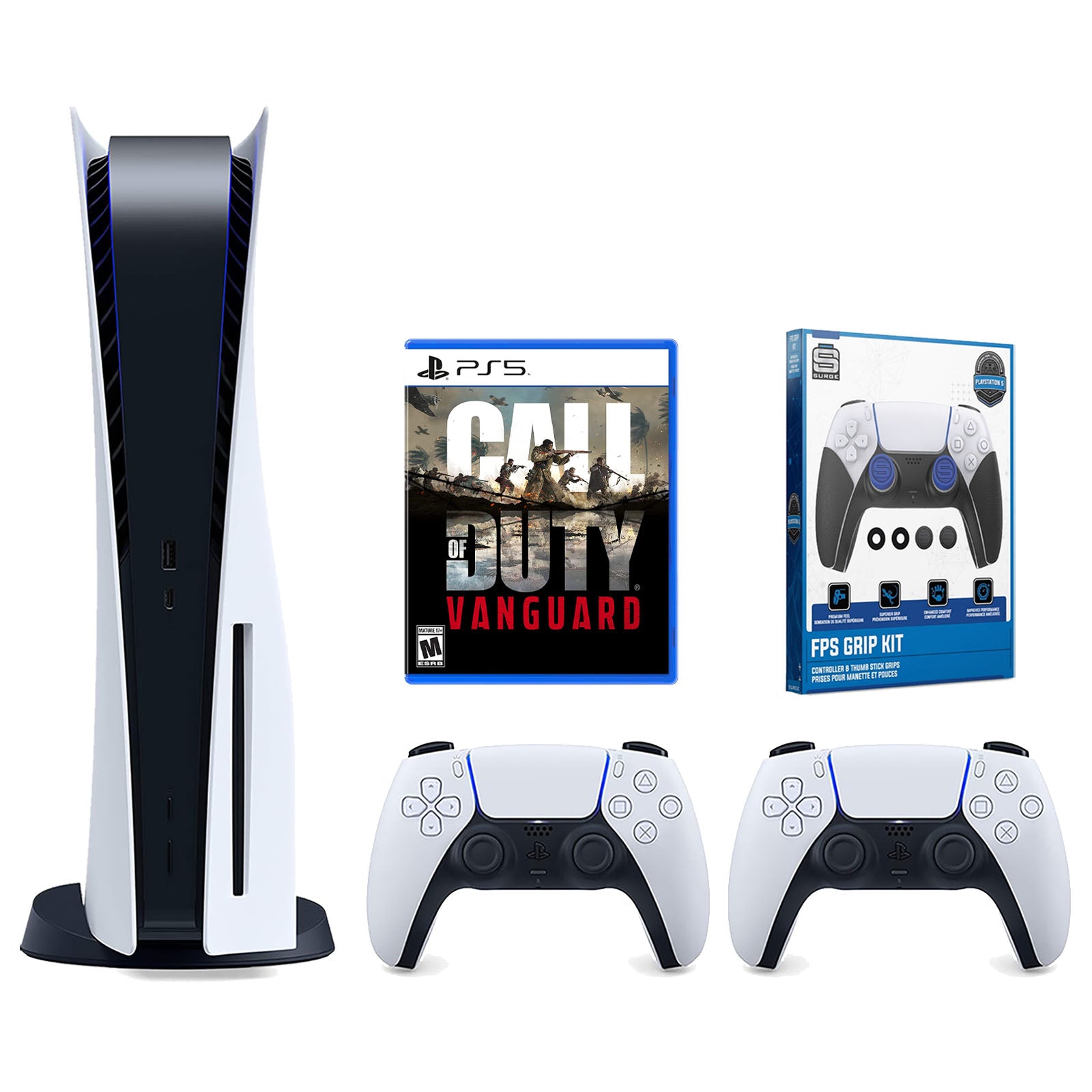 Sony Playstation 5 Disc Version Console with Extra White Controller, Surge FPS Grip Kit With Precision Aiming Rings and Call of Duty: Vanguard Bundle - Pro-Distributing