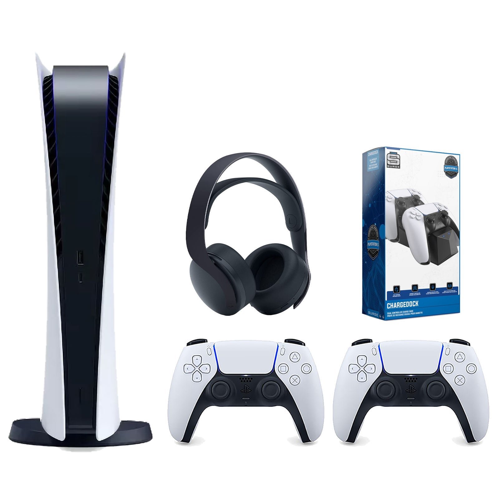 Sony Playstation 5 Digital Edition Console with Extra White Controller, Black PULSE 3D Headset and Surge Dual Controller Charge Dock Bundle - Pro-Distributing