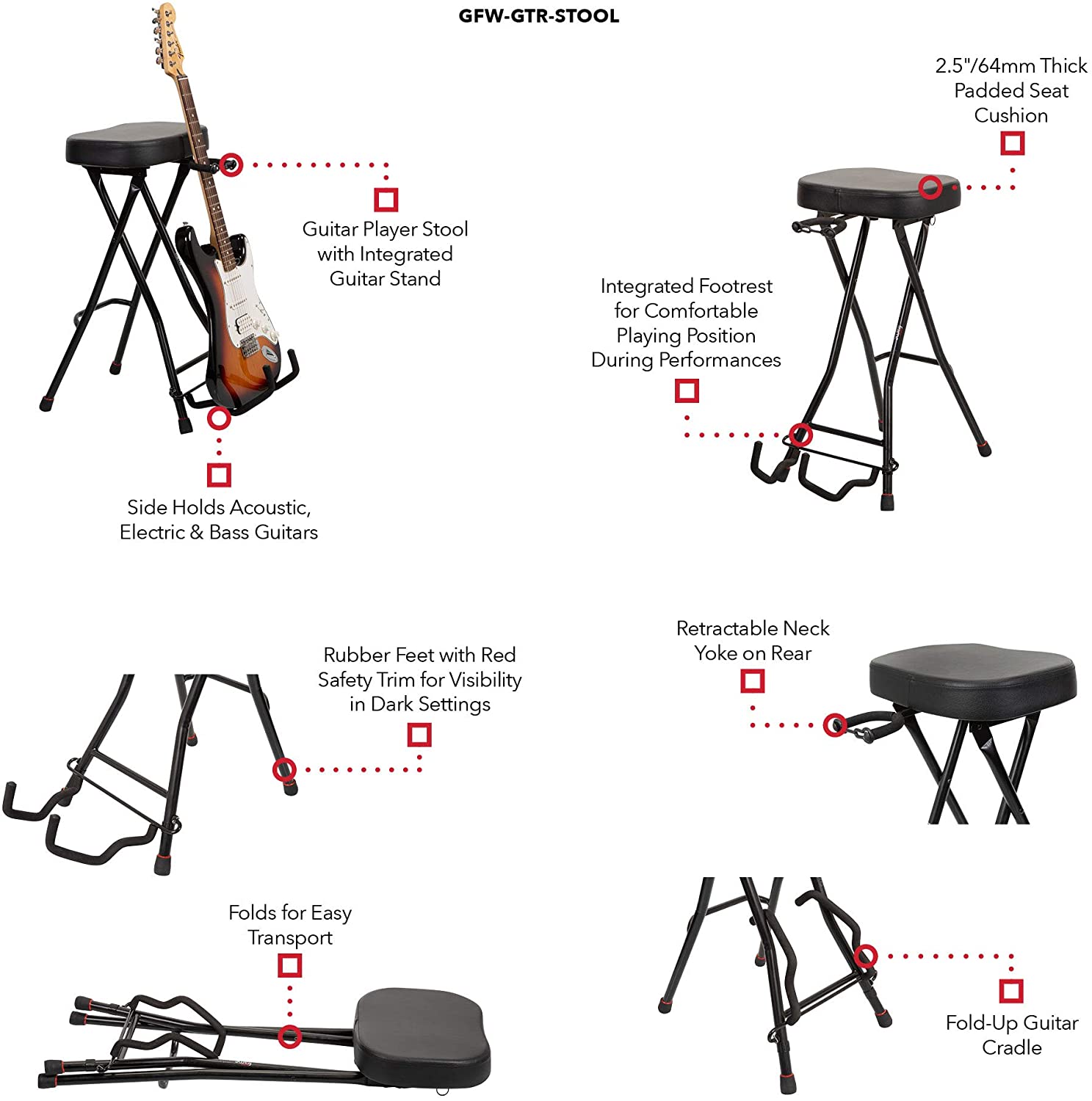 Gator Frameworks Foldable Guitar Stool with Padded Seat and Rear Mounted Guitar Hanger - GFW-GTRSTOOL - Pro-Distributing