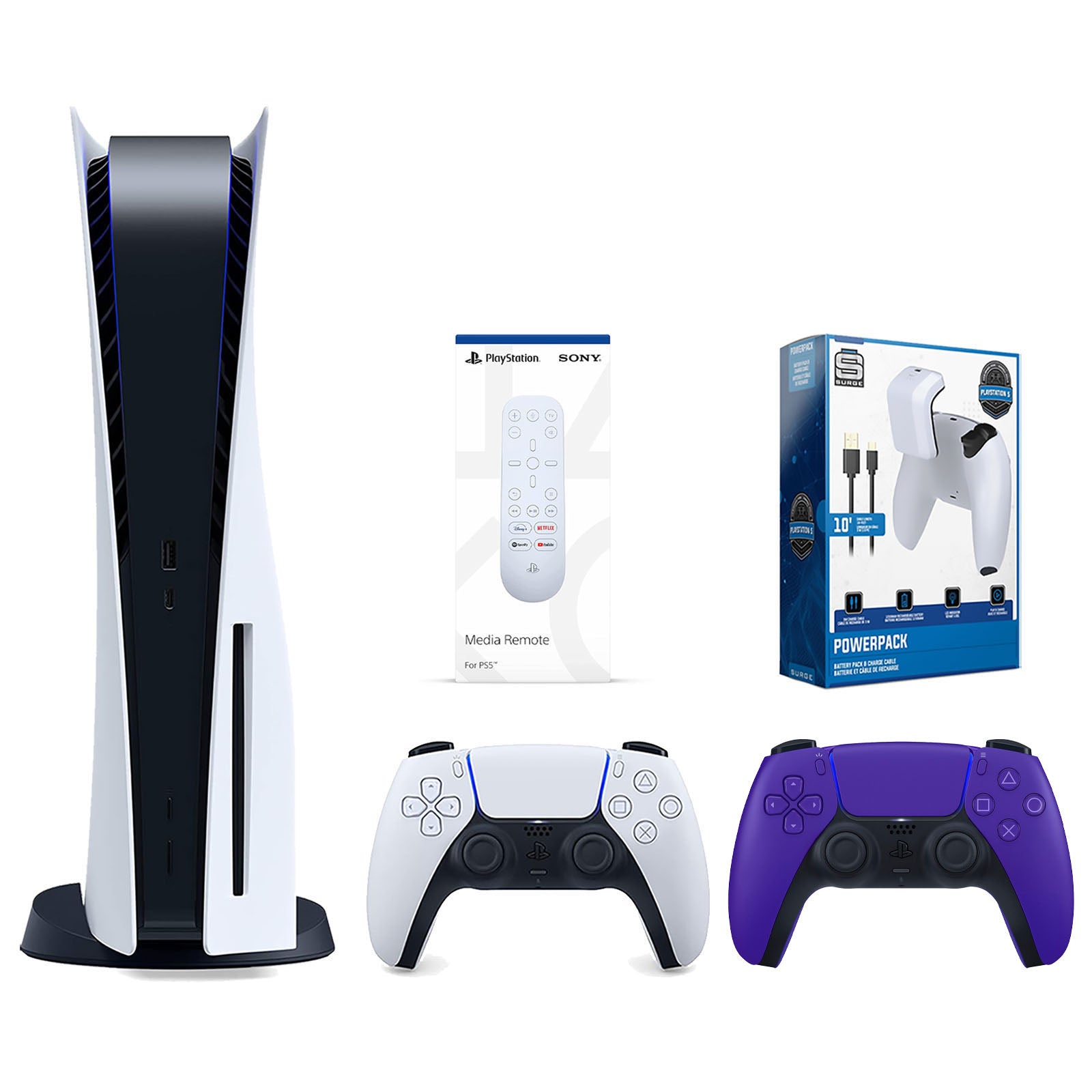 Sony Playstation 5 Disc Version Console with Extra Purple Controller, Media Remote and Surge PowerPack Battery Pack & Charge Cable Bundle - Pro-Distributing