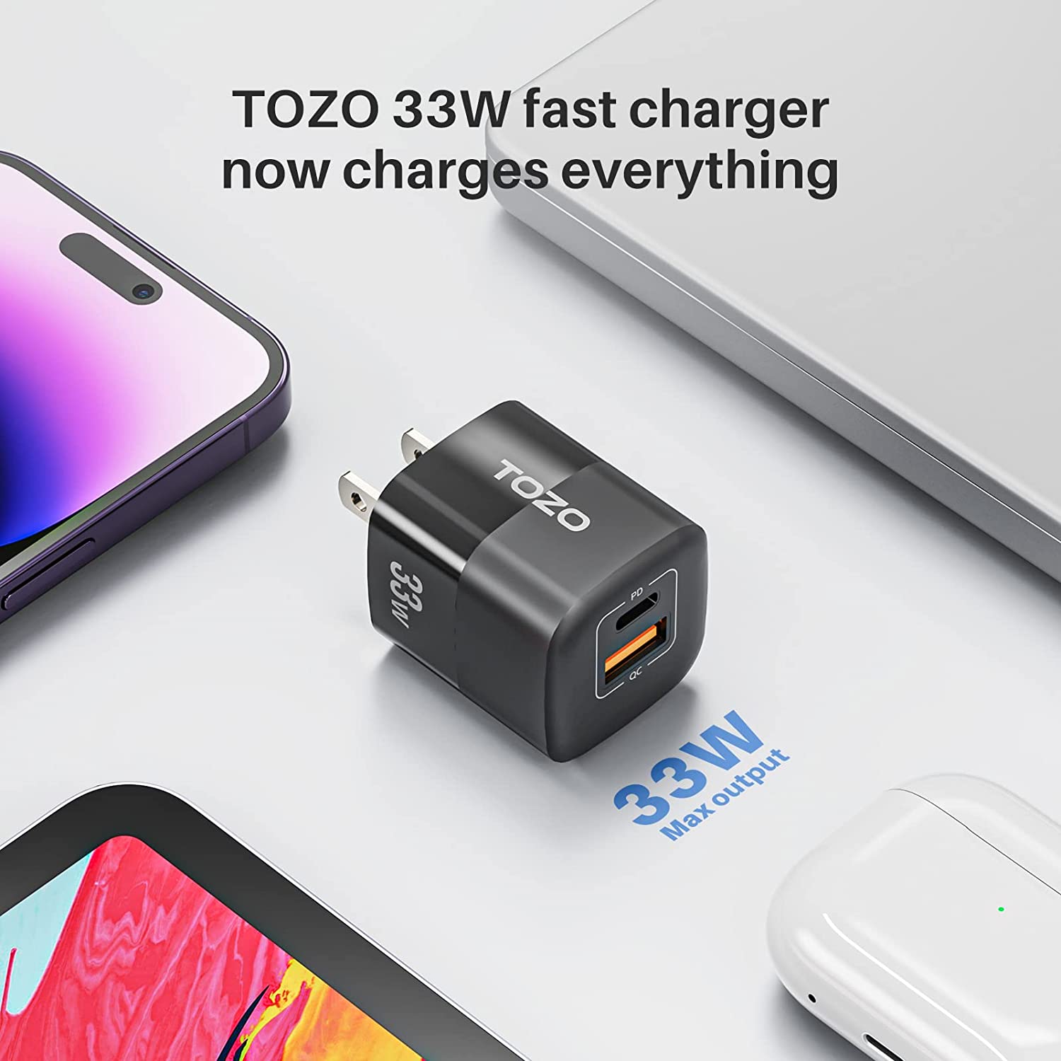 Tozo C3 33W GaN USB-C Dual Port PD and QC Compact Wall Charger Power Adapter - Black - Pro-Distributing