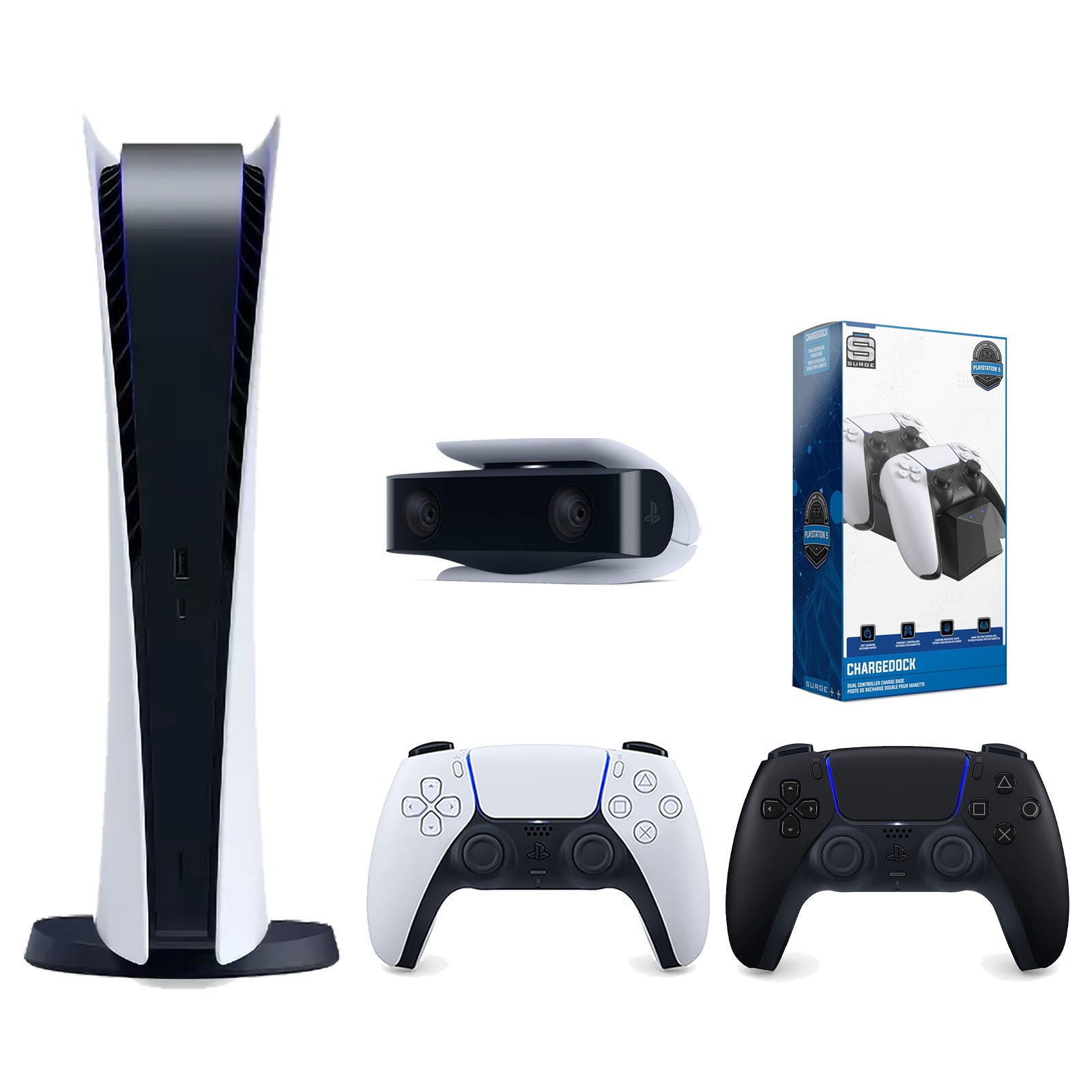 Sony Playstation 5 Digital Edition Console with Extra Black Controller, 1080p HD Camera and Surge Dual Controller Charge Dock Bundle - Pro-Distributing