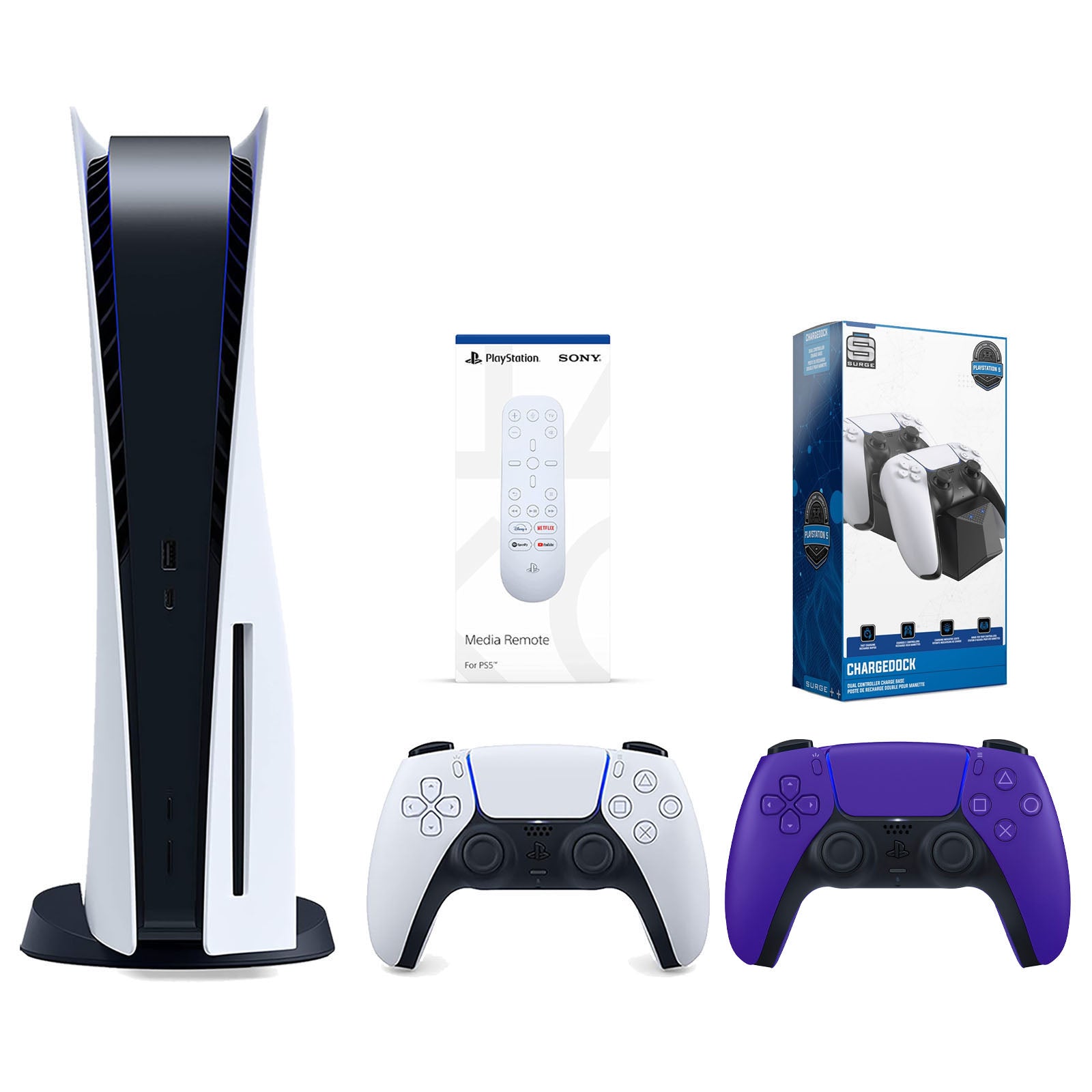 Sony Playstation 5 Disc Version Console with Extra Purple Controller, Media Remote and Surge Dual Controller Charge Dock Bundle - Pro-Distributing