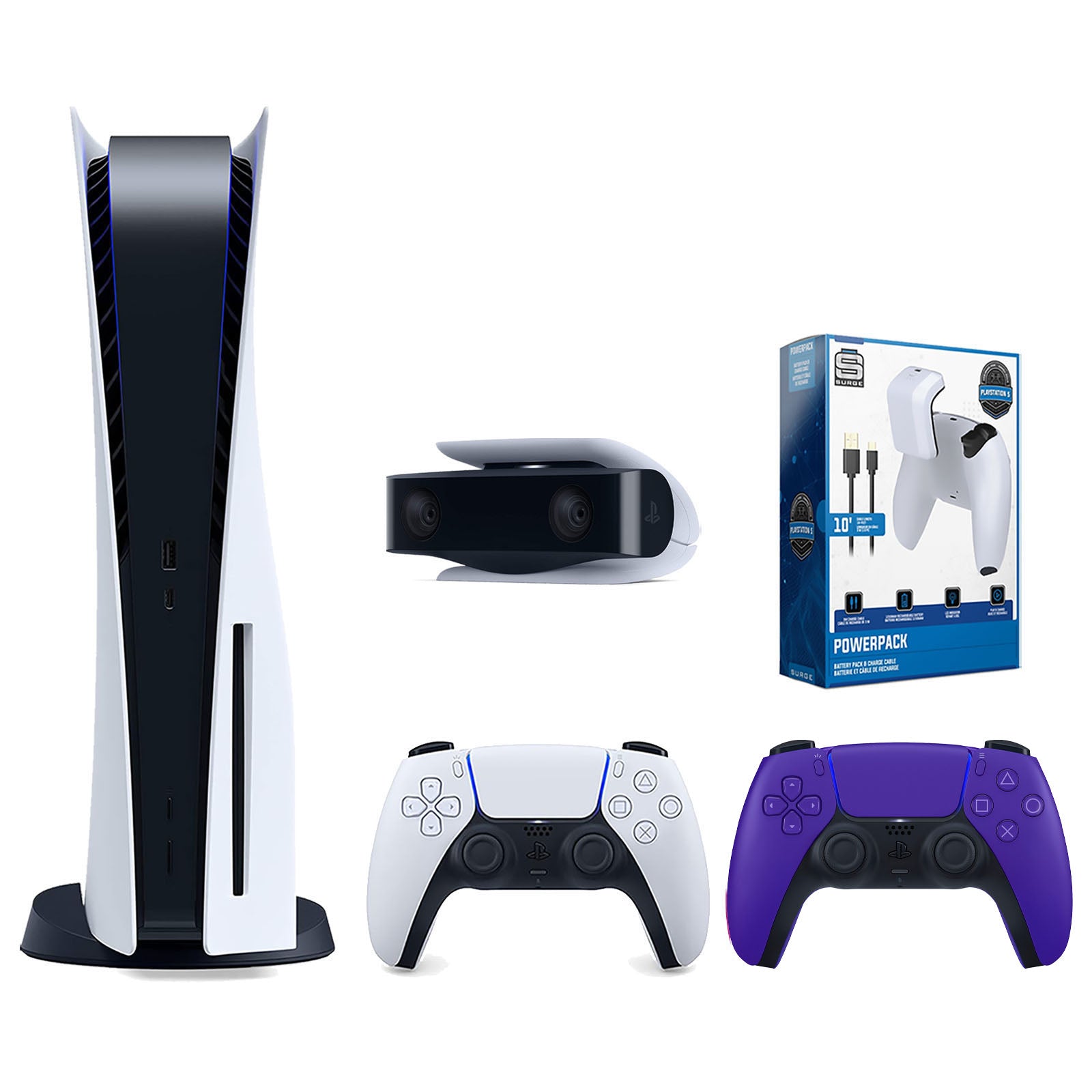 Sony Playstation 5 Disc Version Console with Extra Purple Controller, 1080p HD Camera and Surge PowerPack Battery Pack & Charge Cable Bundle - Pro-Distributing