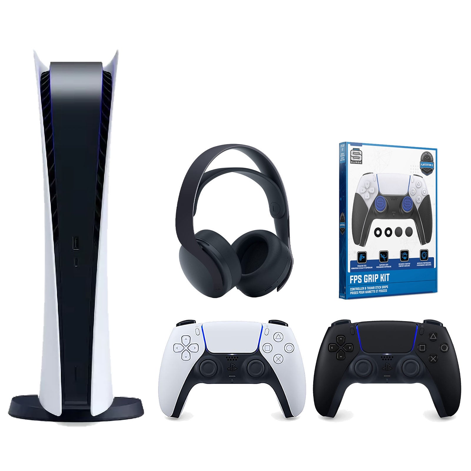 Sony Playstation 5 Digital Edition Console with Extra Black Controller, Black PULSE 3D Headset and Surge FPS Grip Kit With Precision Aiming Rings Bundle - Pro-Distributing