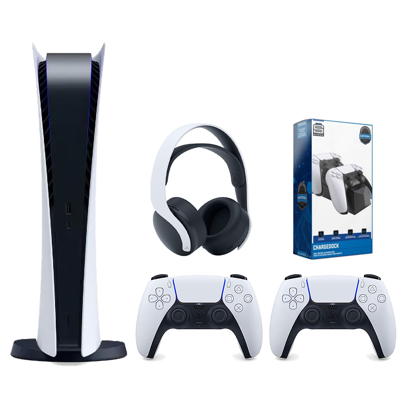 Sony Playstation 5 Digital Edition Console with Extra White Controller, White PULSE 3D Headset and Surge Dual Controller Charge Dock Bundle - Pro-Distributing