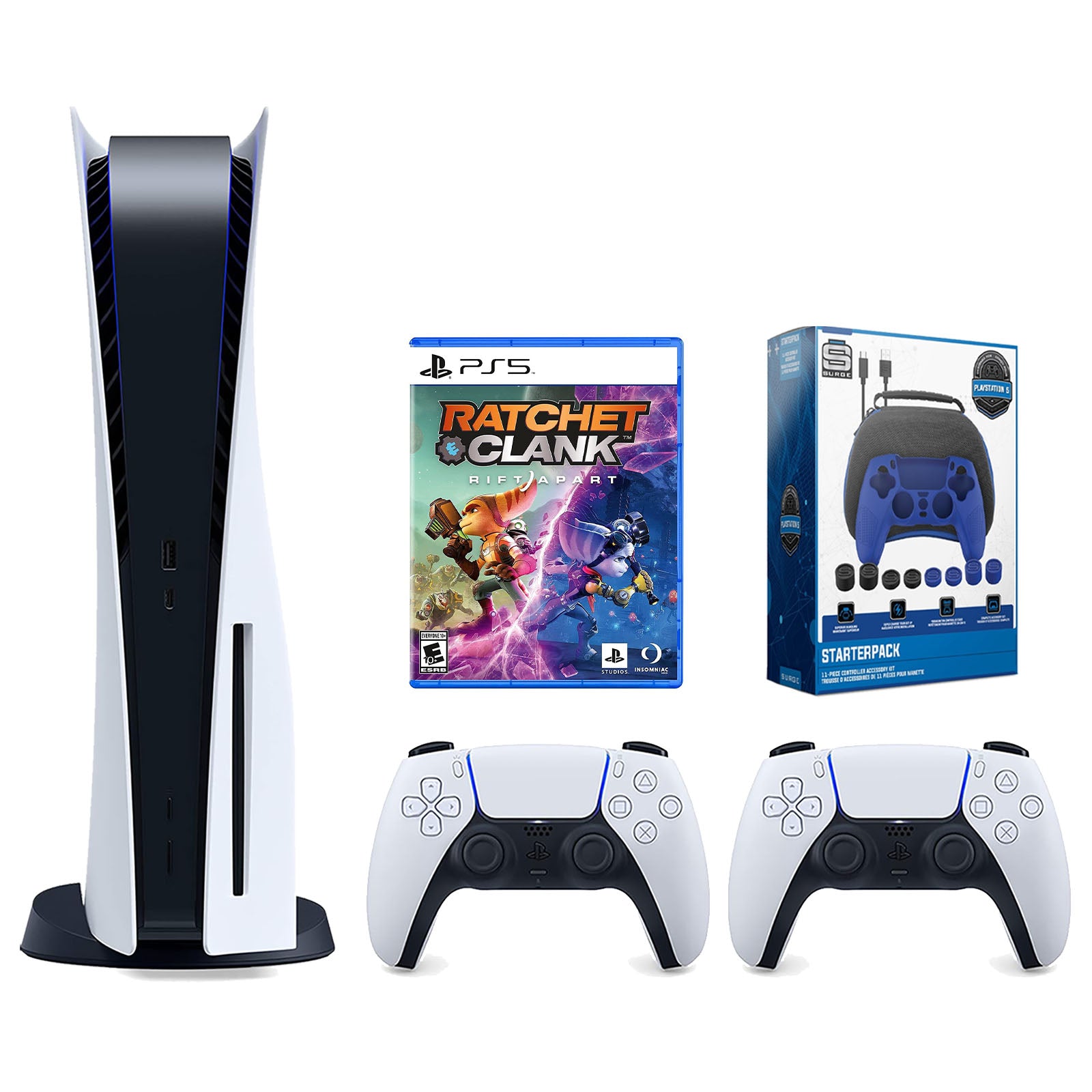 Sony Playstation 5 Disc Version Console with Extra White Controller, Surge Pro Gamer Starter Pack 11-Piece Accessory Kit and Ratchet & Clark: Rift Apart Bundle - Pro-Distributing