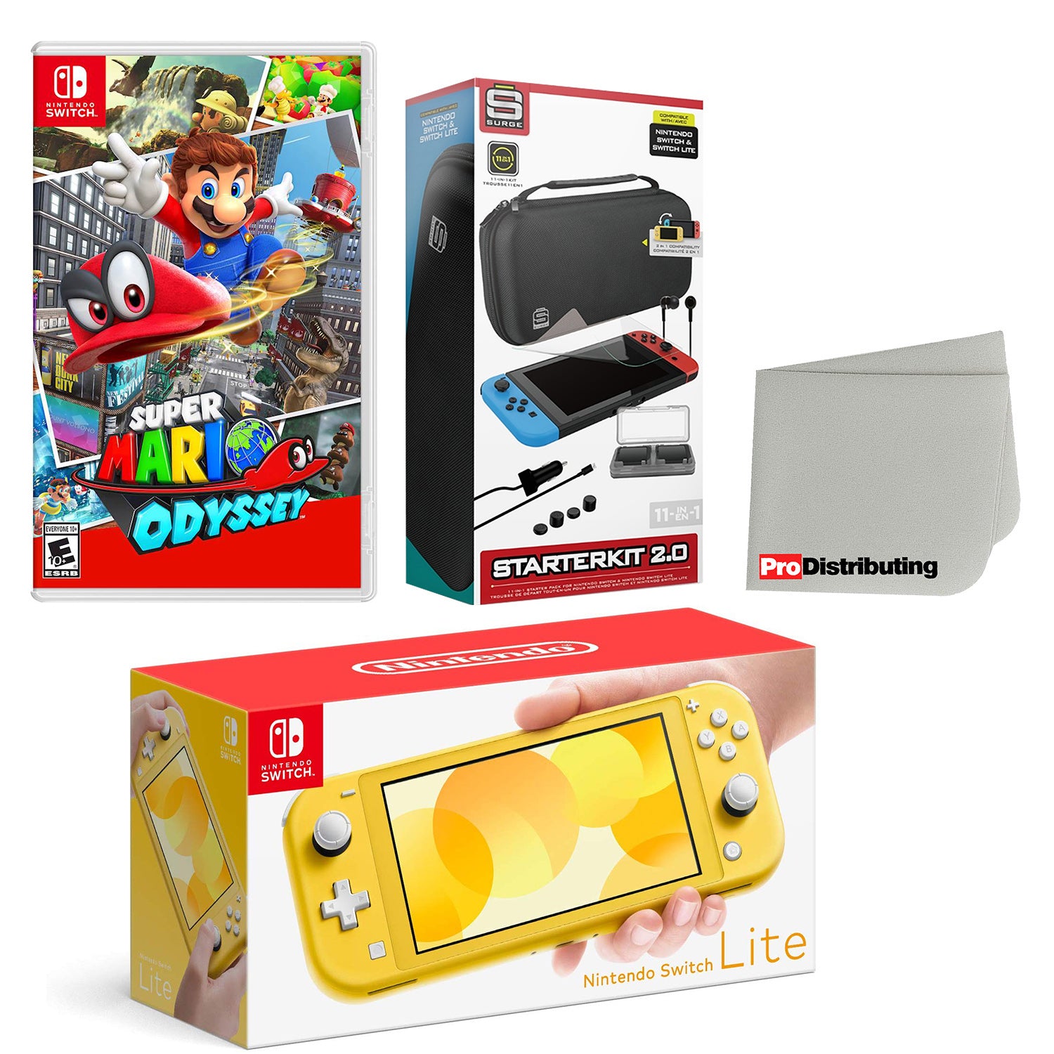 Nintendo Switch Lite Console Yellow with Super Mario Odyssey, Accessory Starter Kit and Screen Cleaning Cloth Bundle - Pro-Distributing