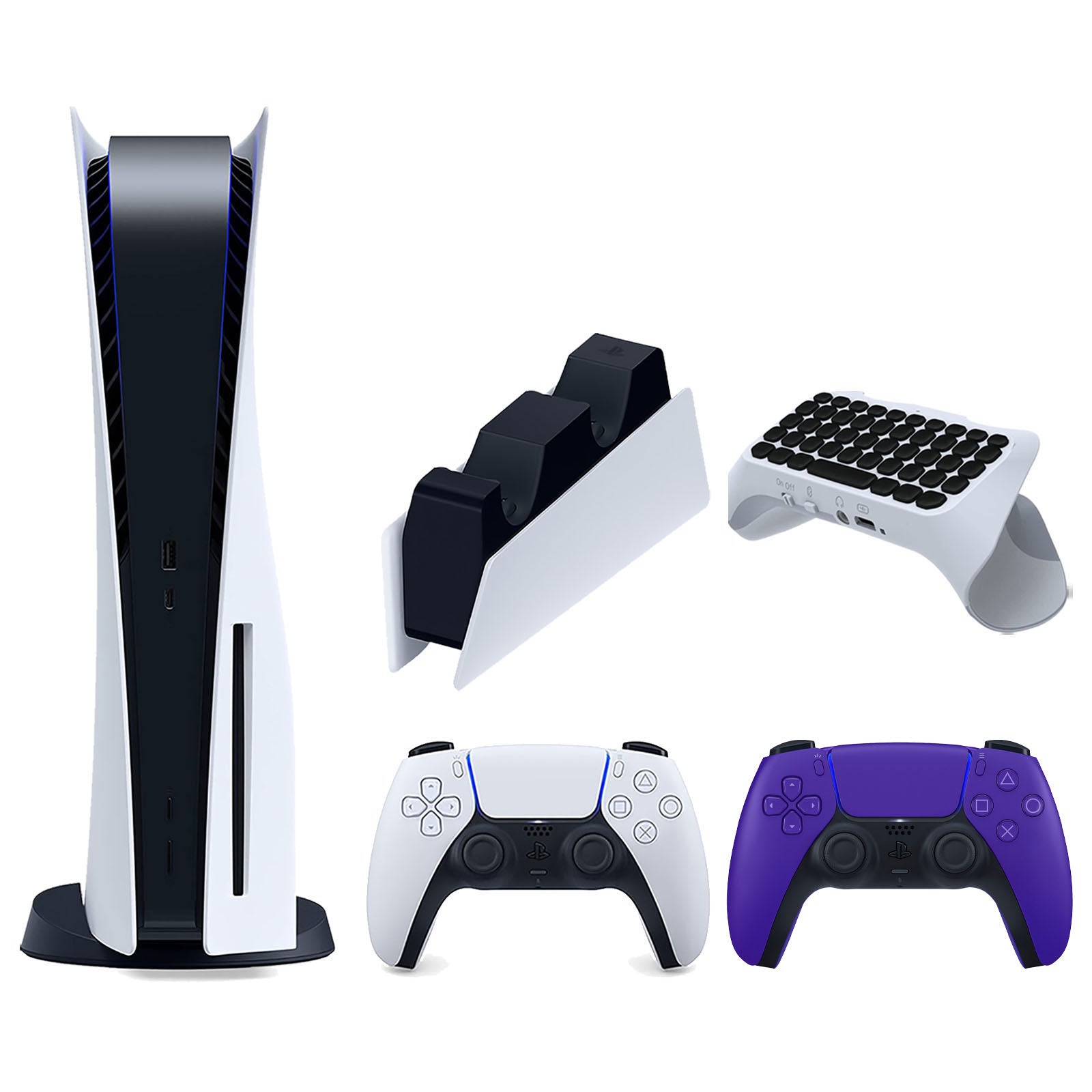 Sony Playstation 5 Disc Version Console with Extra Purple Controller, DualSense Charging Station and Surge QuickType 2.0 Wireless PS5 Controller Keypad Bundle - Pro-Distributing