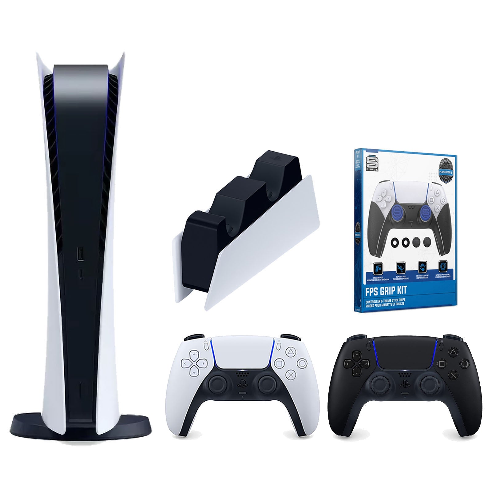 Sony Playstation 5 Digital Edition Console with Extra Black Controller, DualSense Charging Station and Surge FPS Grip Kit With Precision Aiming Rings Bundle - Pro-Distributing