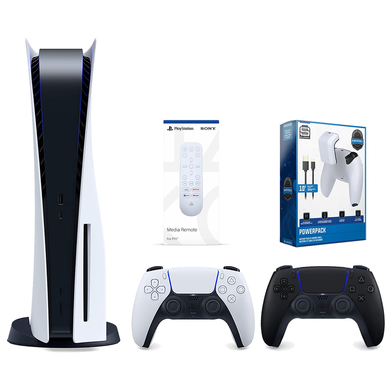 Sony Playstation 5 Disc Version Console with Extra Black Controller, Media Remote and Surge PowerPack Battery Pack & Charge Cable Bundle - Pro-Distributing