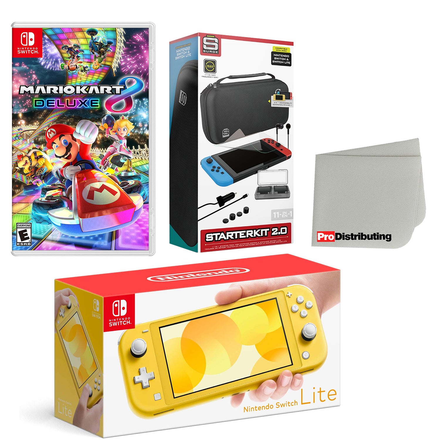Nintendo Switch Lite Console Yellow with Mario Kart 8 Deluxe, Accessory Starter Kit and Screen Cleaning Cloth Bundle - Pro-Distributing