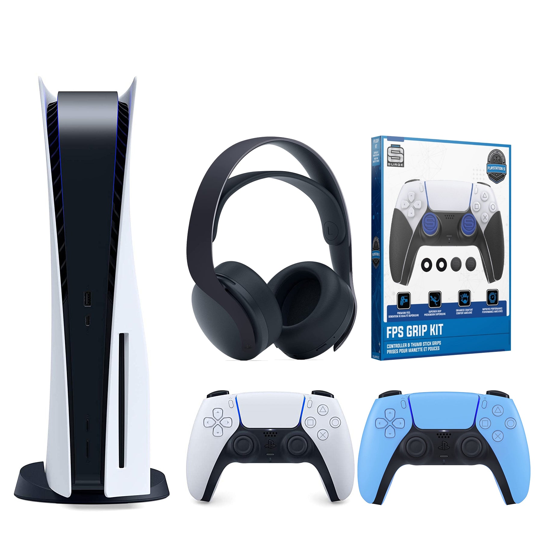 Sony Playstation 5 Disc Version (Sony PS5 Disc) with Extra Starlight Blue Controller, Black Pulse 3D Headset and Control Grip Pack Bundle - Pro-Distributing