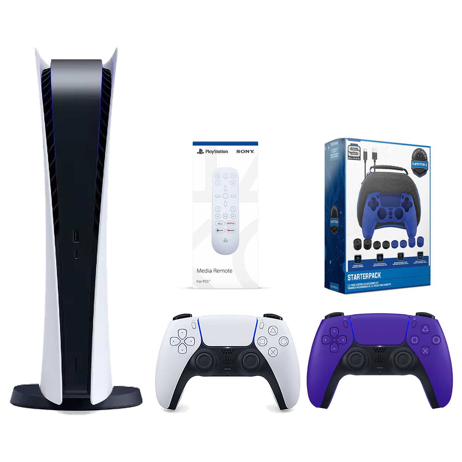 Sony Playstation 5 Digital Edition Console with Extra Purple Controller, Media Remote and Surge Pro Gamer Starter Pack 11-Piece Accessory Bundle - Pro-Distributing