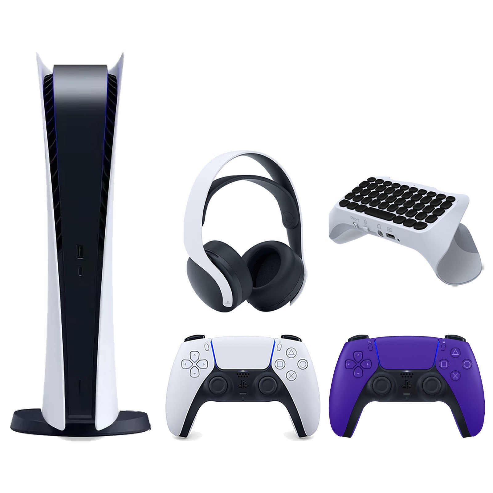 Sony Playstation 5 Digital Edition Console with Extra Purple Controller, White PULSE 3D Headset and Surge QuickType 2.0 Wireless PS5 Controller Keypad Bundle - Pro-Distributing