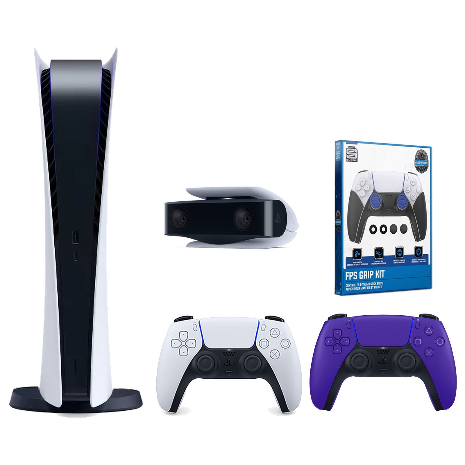 Sony Playstation 5 Digital Edition Console with Extra Purple Controller, 1080p HD Camera and Surge FPS Grip Kit With Precision Aiming Rings Bundle - Pro-Distributing