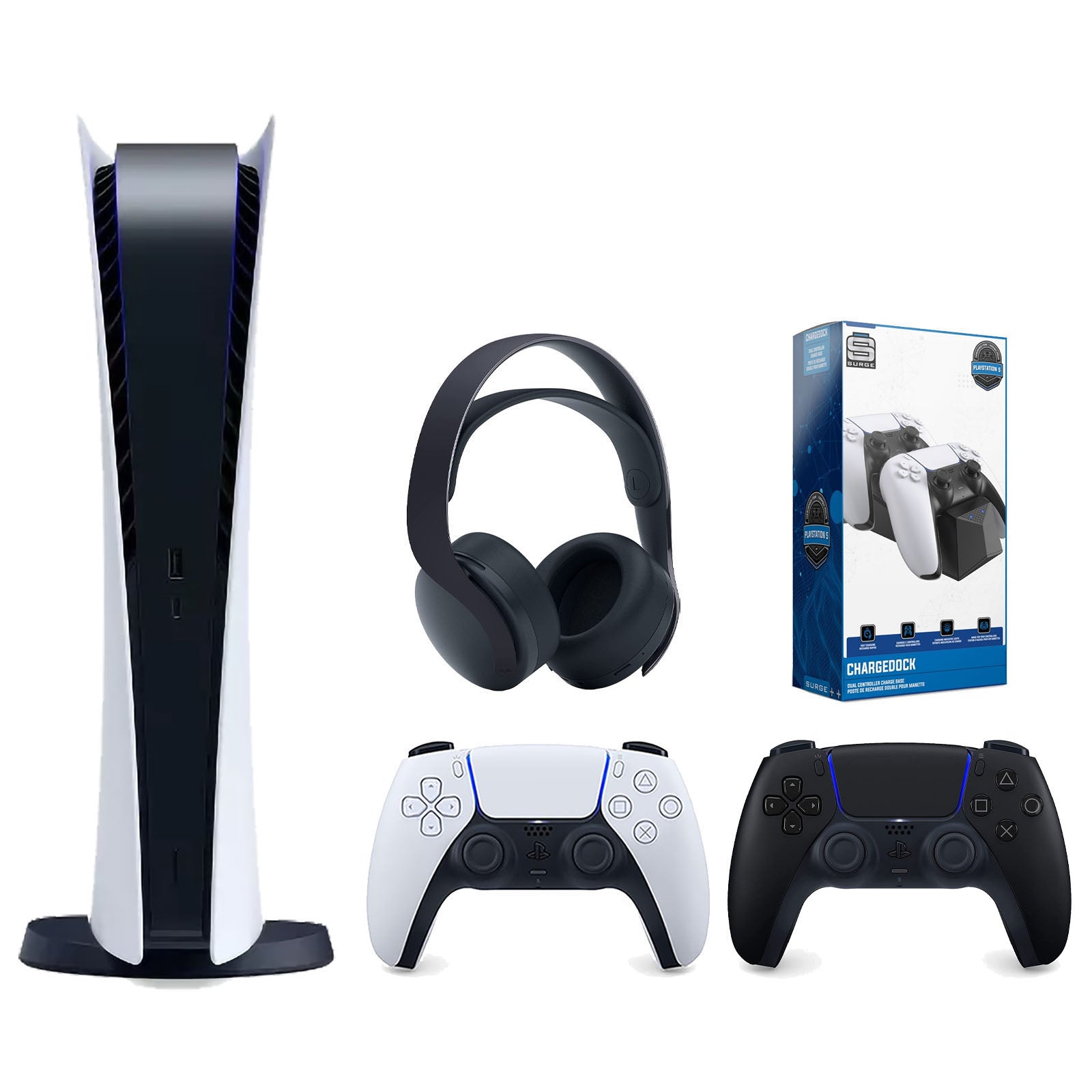 Sony Playstation 5 Digital Edition Console with Extra Black Controller, Black PULSE 3D Headset and Surge Dual Controller Charge Dock Bundle - Pro-Distributing