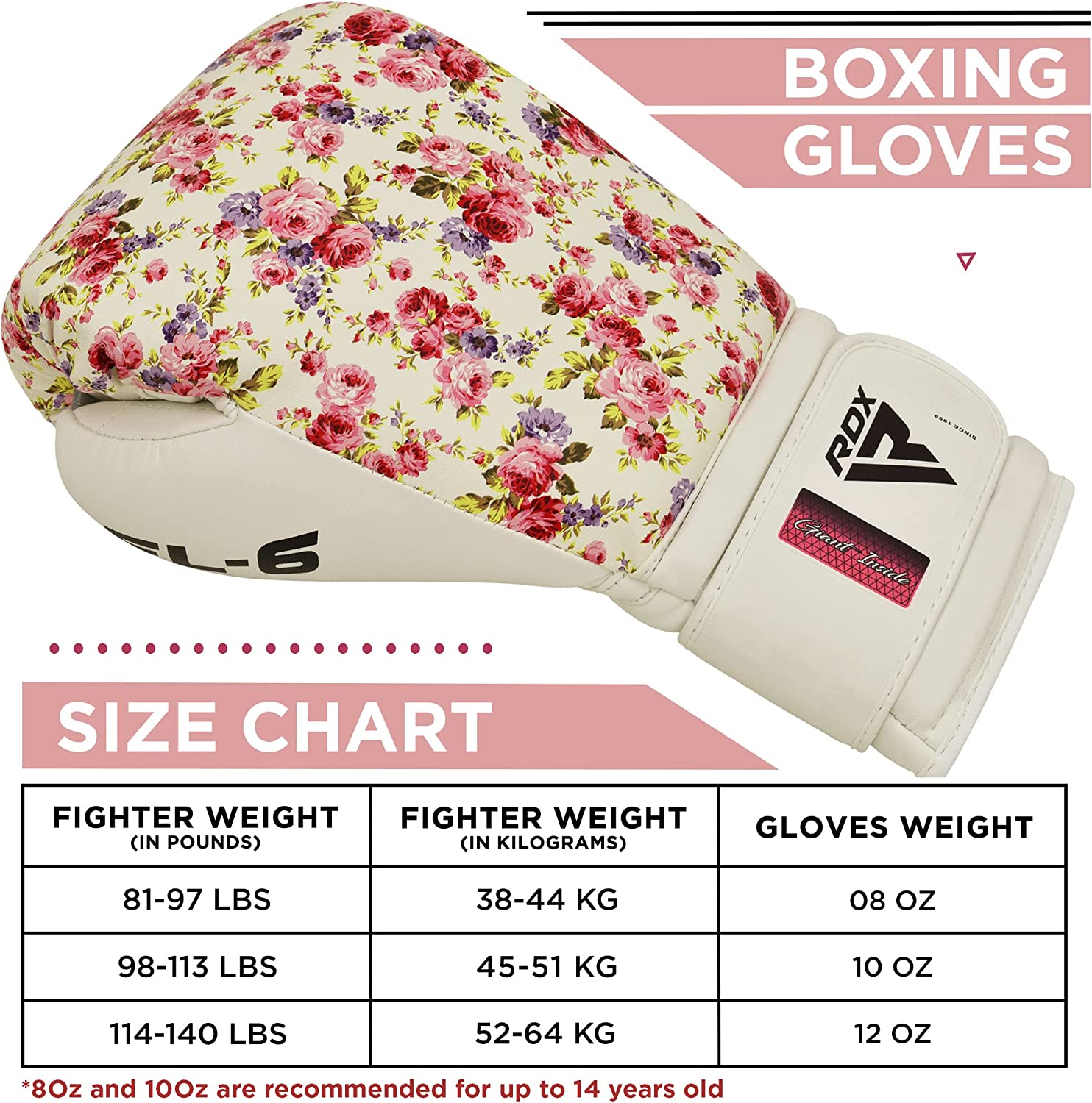 RDX FL6 Boxing Gloves for MMA, BJJ, Muay Thai, Training - White Floral - 8 oz - Pro-Distributing