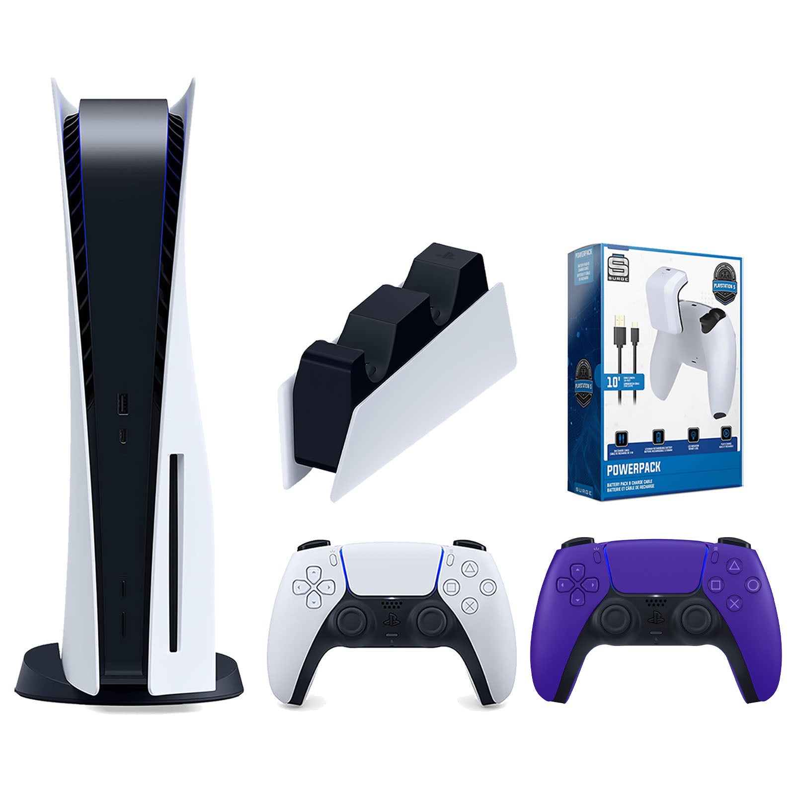 Sony Playstation 5 Disc Version Console with Extra Purple Controller, DualSense Charging Station and Surge PowerPack Battery Pack & Charge Cable Bundle - Pro-Distributing