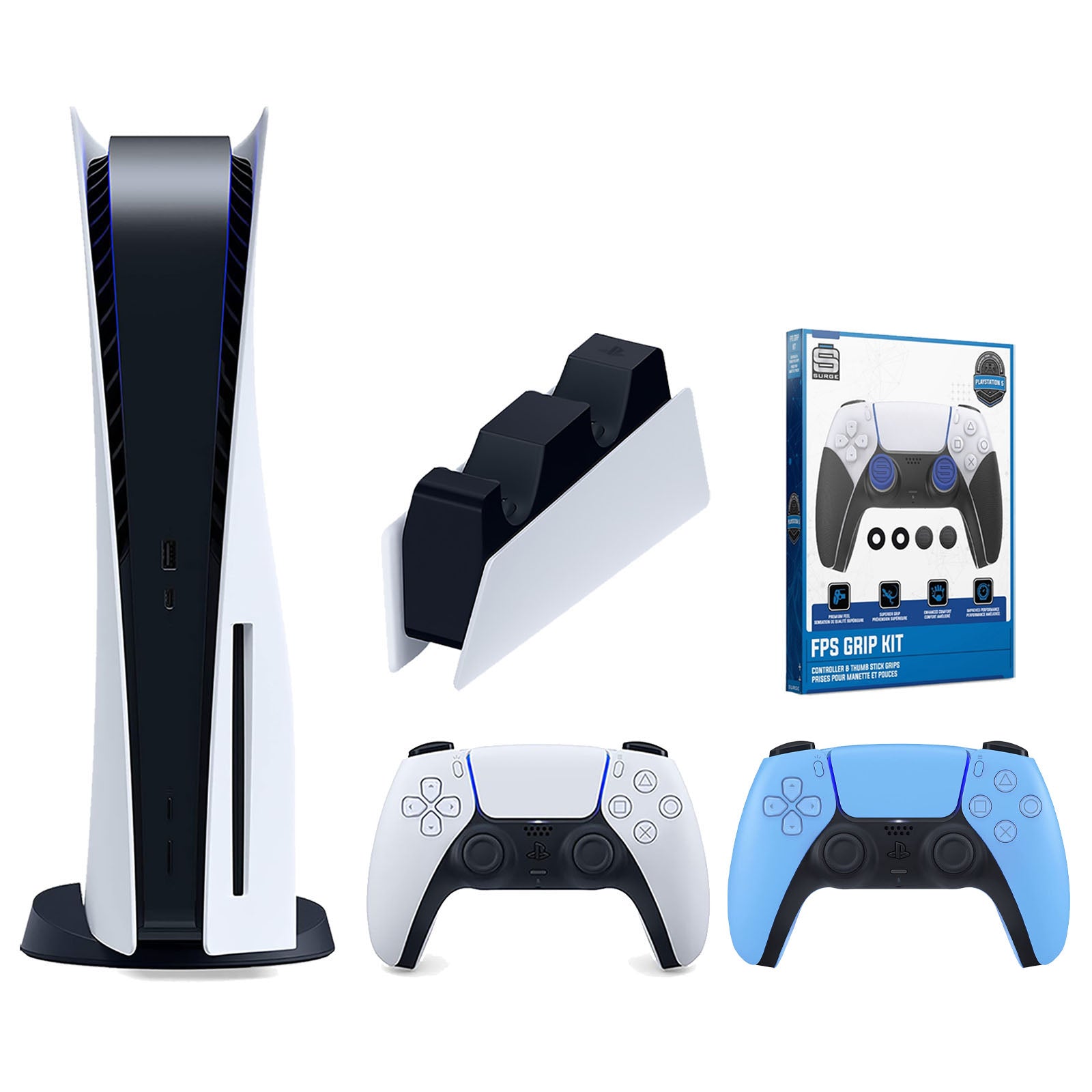 Sony Playstation 5 Disc Version Console with Extra Blue Controller, DualSense Charging Station and Surge FPS Grip Kit With Precision Aiming Rings Bundle - Pro-Distributing