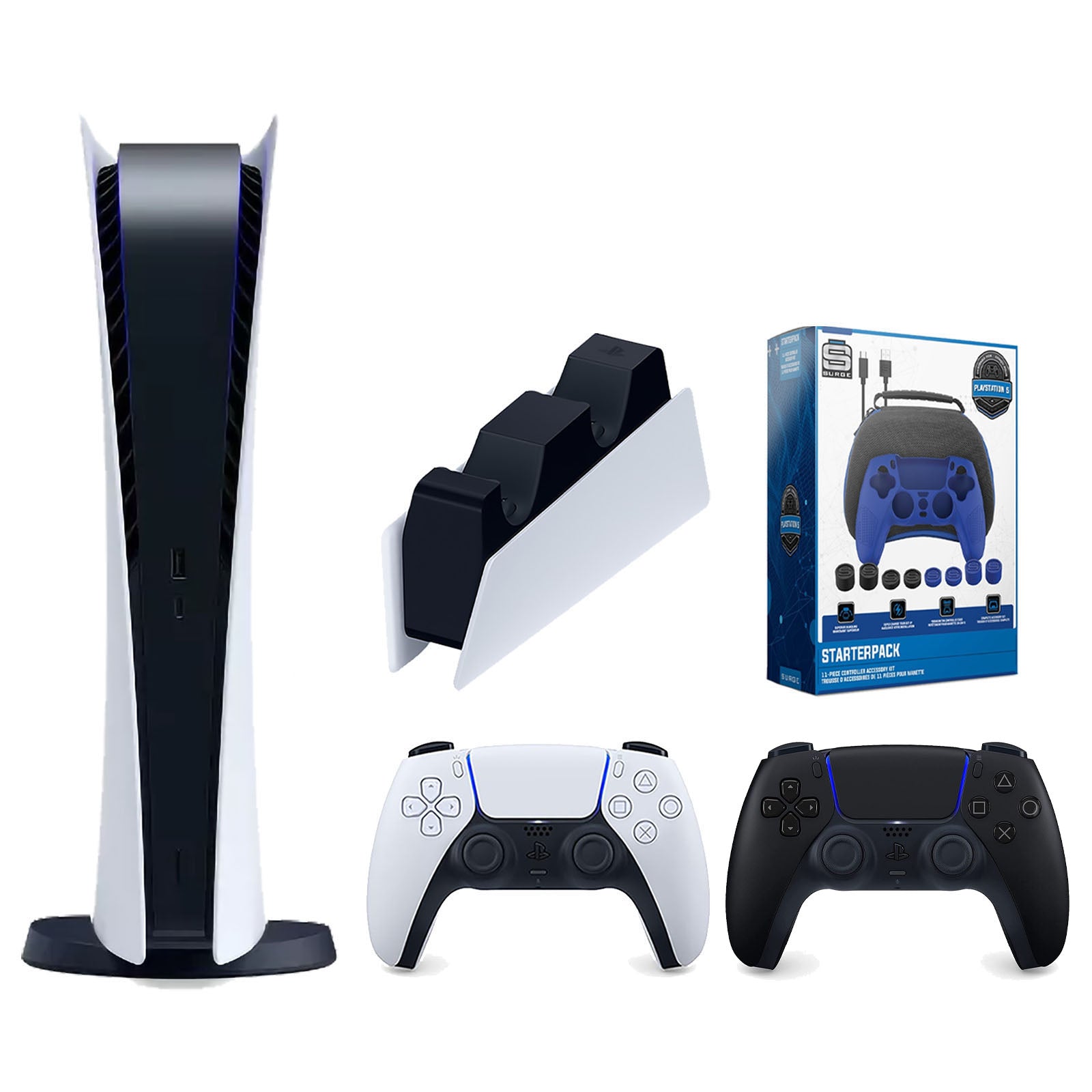 Sony Playstation 5 Digital Edition Console with Extra Black Controller, DualSense Charging Station and Surge Pro Gamer Starter Pack 11-Piece Accessory Bundle - Pro-Distributing