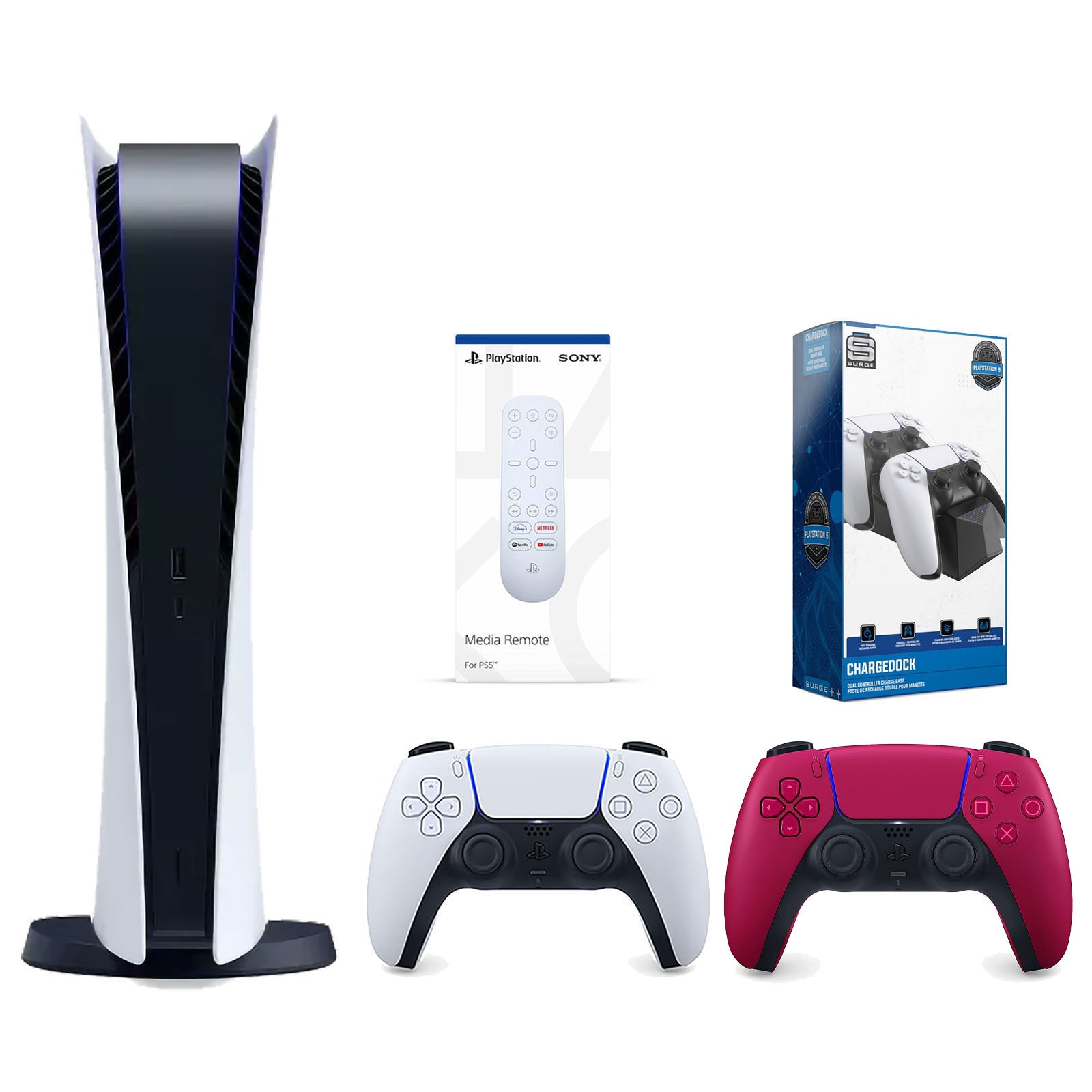 Sony Playstation 5 Digital Edition Console with Extra Red Controller, Media Remote and Surge Dual Controller Charge Dock Bundle - Pro-Distributing