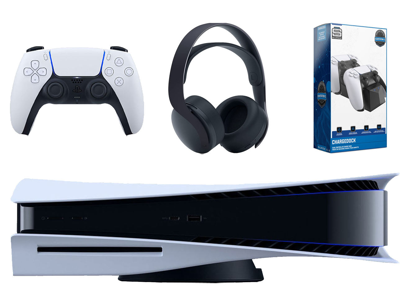 Sony Playstation 5 Disc Version Console with Black PULSE 3D Wireless Gaming Headset and Surge Dual Controller Charge Dock - Pro-Distributing
