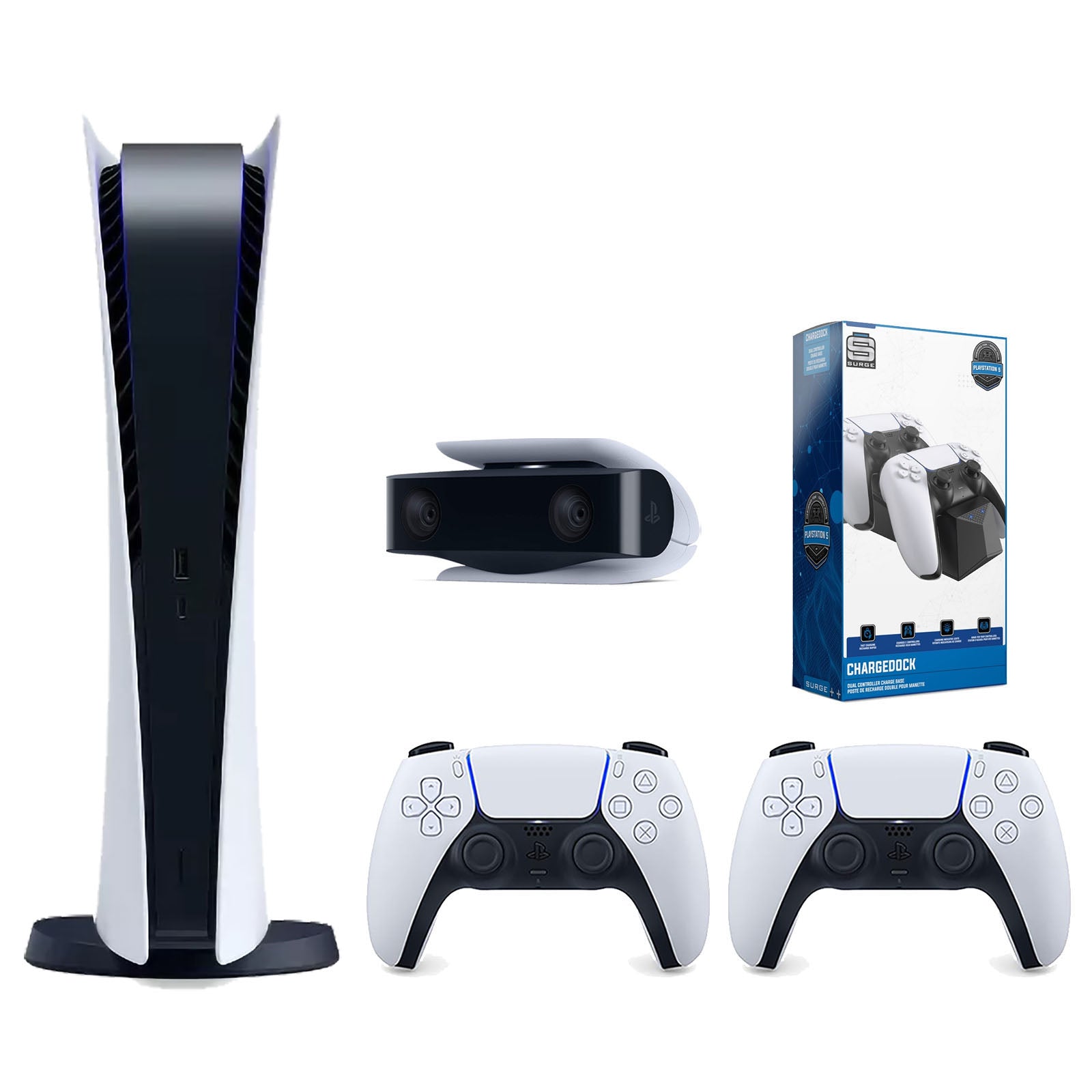 Sony Playstation 5 Digital Edition Console with Extra White Controller, 1080p HD Camera and Surge Dual Controller Charge Dock Bundle - Pro-Distributing