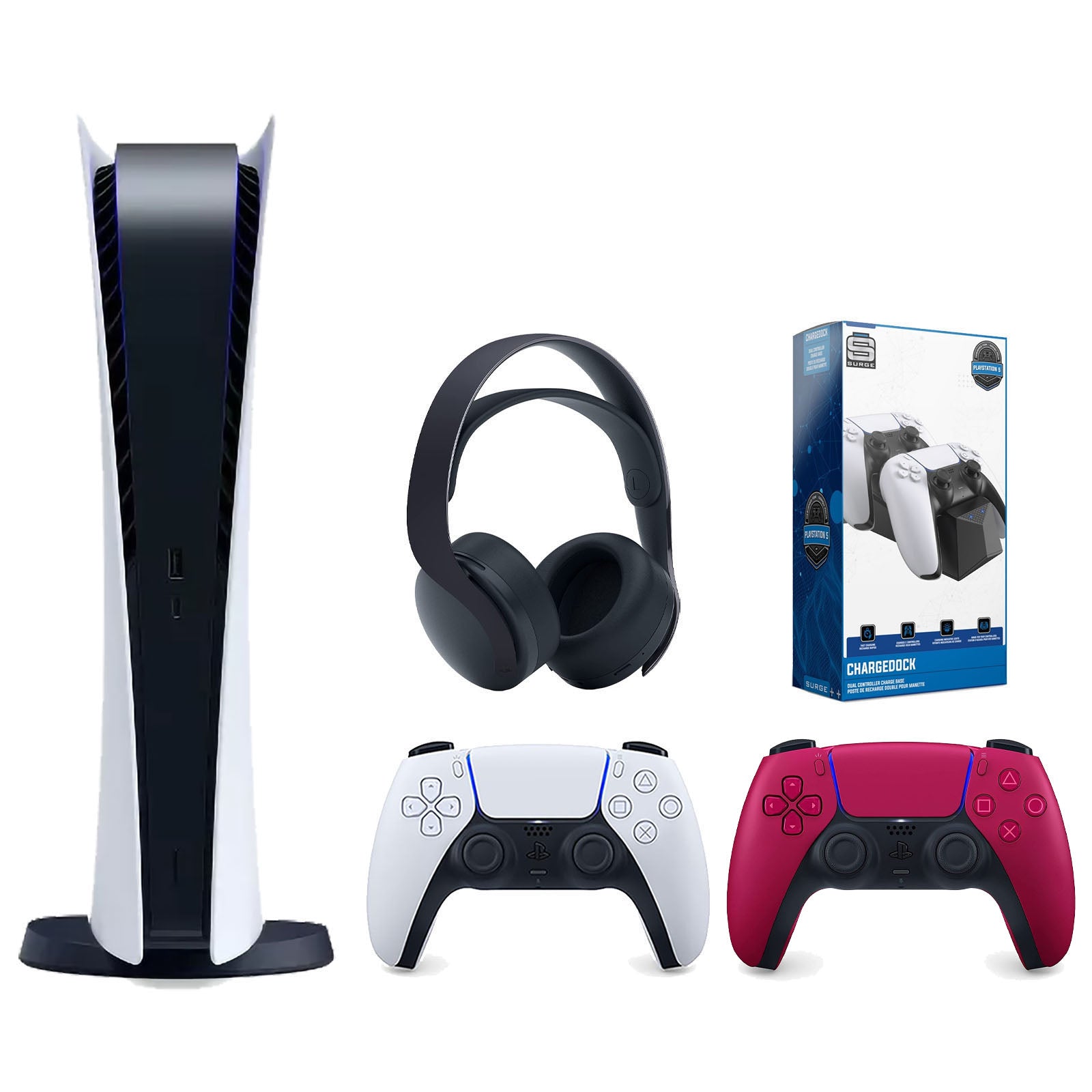 Sony Playstation 5 Digital Edition Console with Extra Red Controller, Black PULSE 3D Headset and Surge Dual Controller Charge Dock Bundle - Pro-Distributing