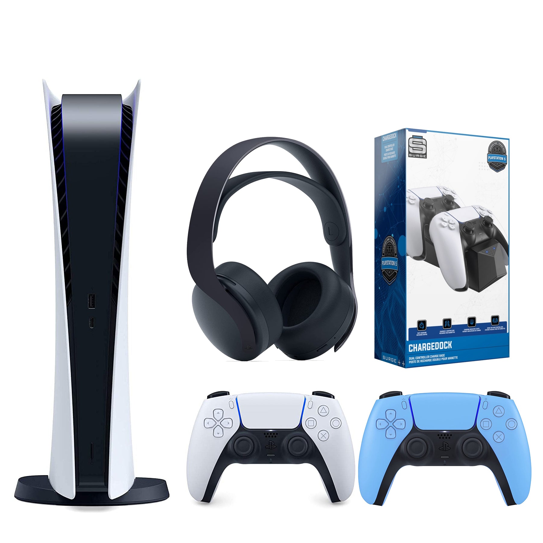 Sony Playstation 5 Digital Version (Sony PS5 Digital) with Extra Starlight Blue Controller, Black Pulse 3D Headset and Dual Charging Station Bundle - Pro-Distributing