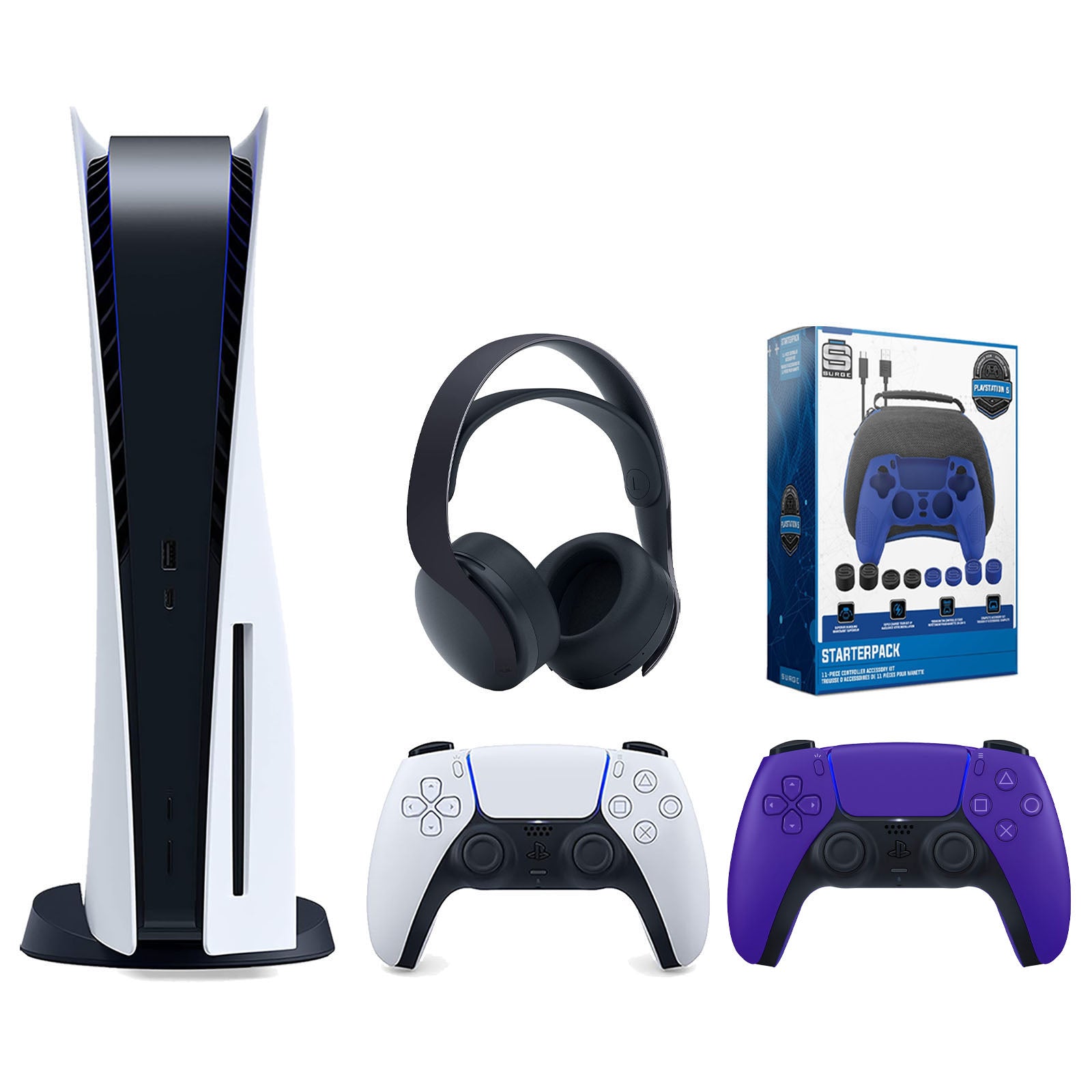 Sony Playstation 5 Disc Version Console with Extra Purple Controller, Black PULSE 3D Headset and Surge Pro Gamer Starter Pack 11-Piece Accessory Bundle - Pro-Distributing
