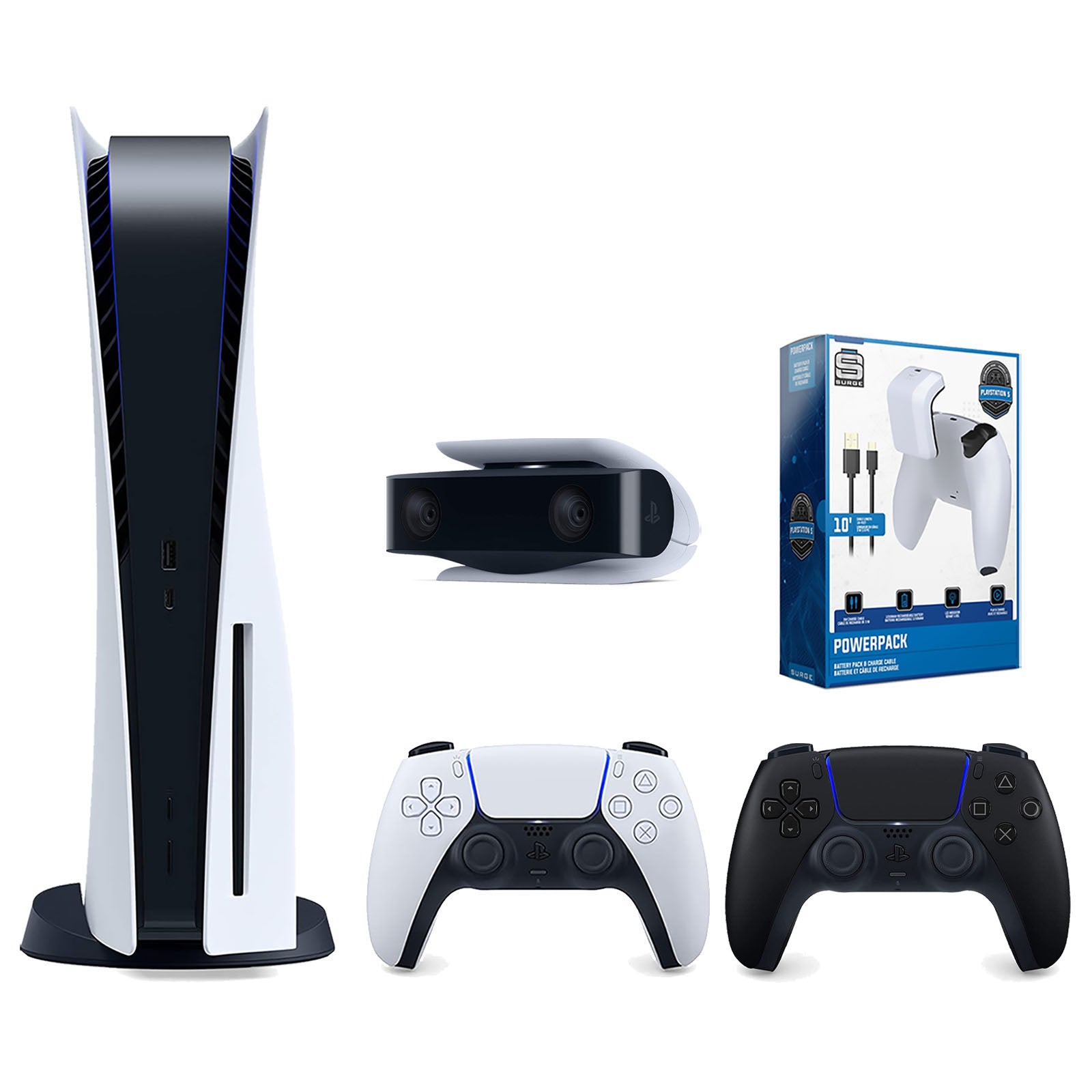 Sony Playstation 5 Disc Version Console with Extra Black Controller, 1080p HD Camera and Surge PowerPack Battery Pack & Charge Cable Bundle - Pro-Distributing