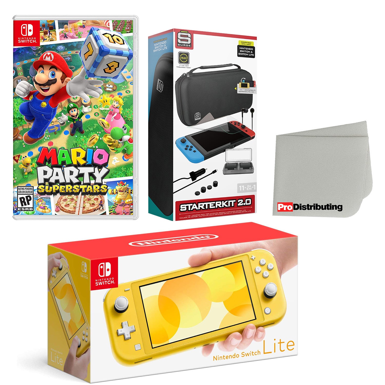 Nintendo Switch Lite Console Yellow with Mario Party Superstars, Accessory Starter Kit and Screen Cleaning Cloth Bundle - Pro-Distributing