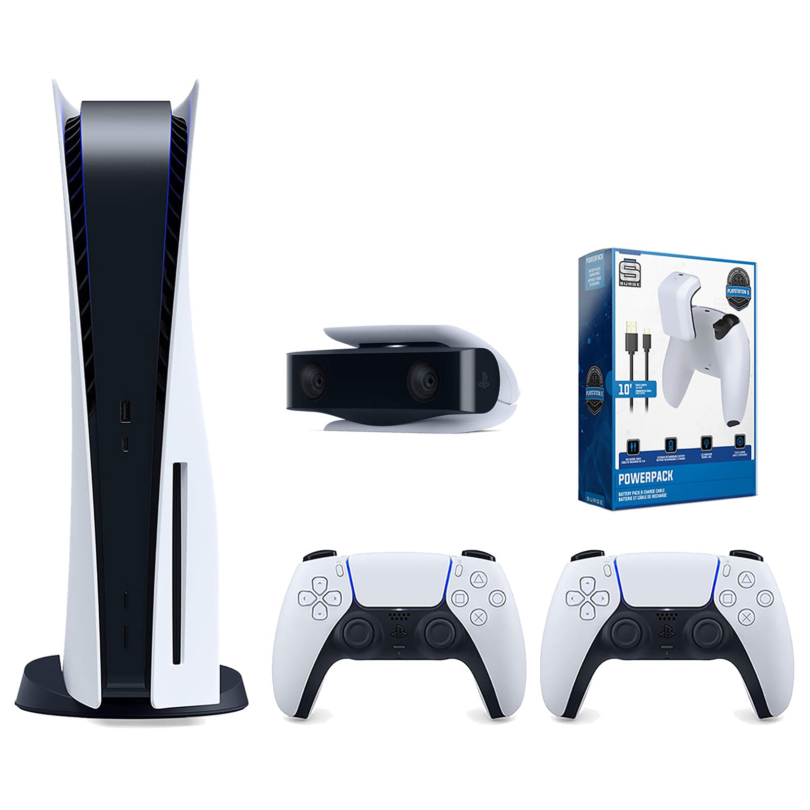 Sony Playstation 5 Disc Version Console with Extra White Controller, 1080p HD Camera and Surge PowerPack Battery Pack & Charge Cable Bundle - Pro-Distributing