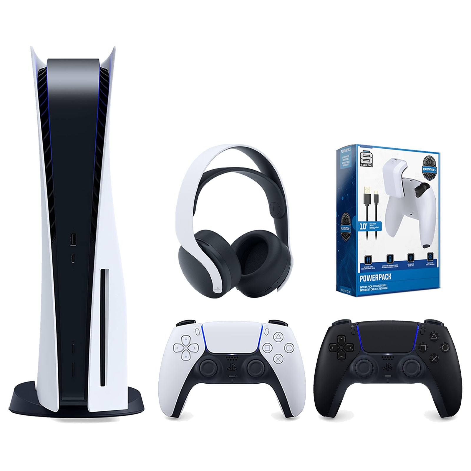 Sony Playstation 5 Disc Version Console with Extra Black Controller, White PULSE 3D Headset and Surge PowerPack Battery Pack & Charge Cable Bundle - Pro-Distributing