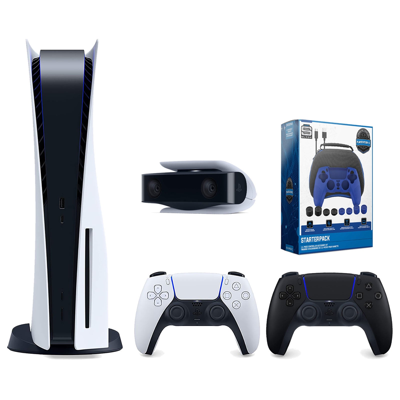 Sony Playstation 5 Disc Version Console with Extra Black Controller, 1080p HD Camera and Surge Pro Gamer Starter Pack 11-Piece Accessory Bundle - Pro-Distributing