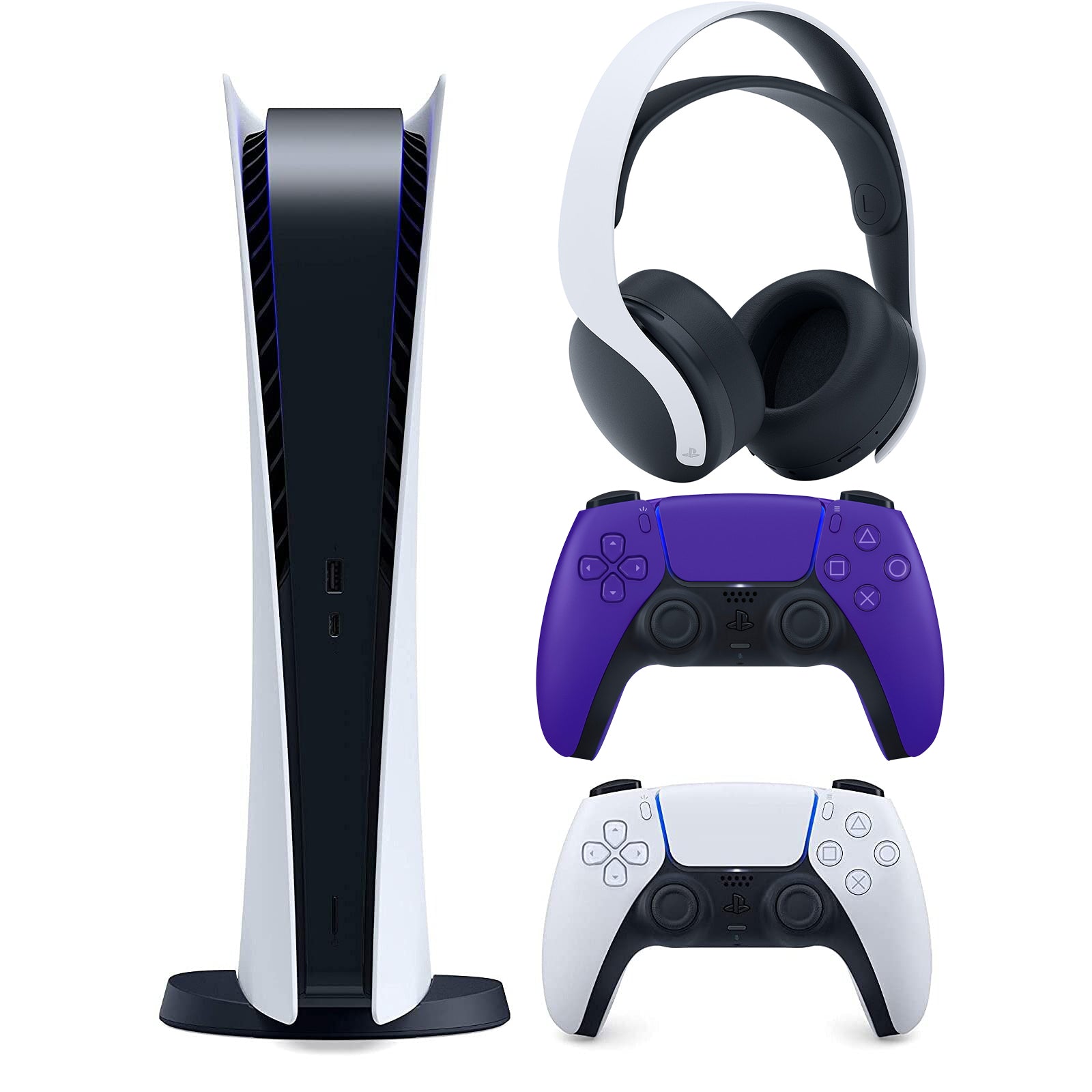 Sony Playstation 5 Digital Version (Sony PS5 Digital) with Extra Galactic Purple Controller and White PULSE 3D Headset Bundle - Pro-Distributing
