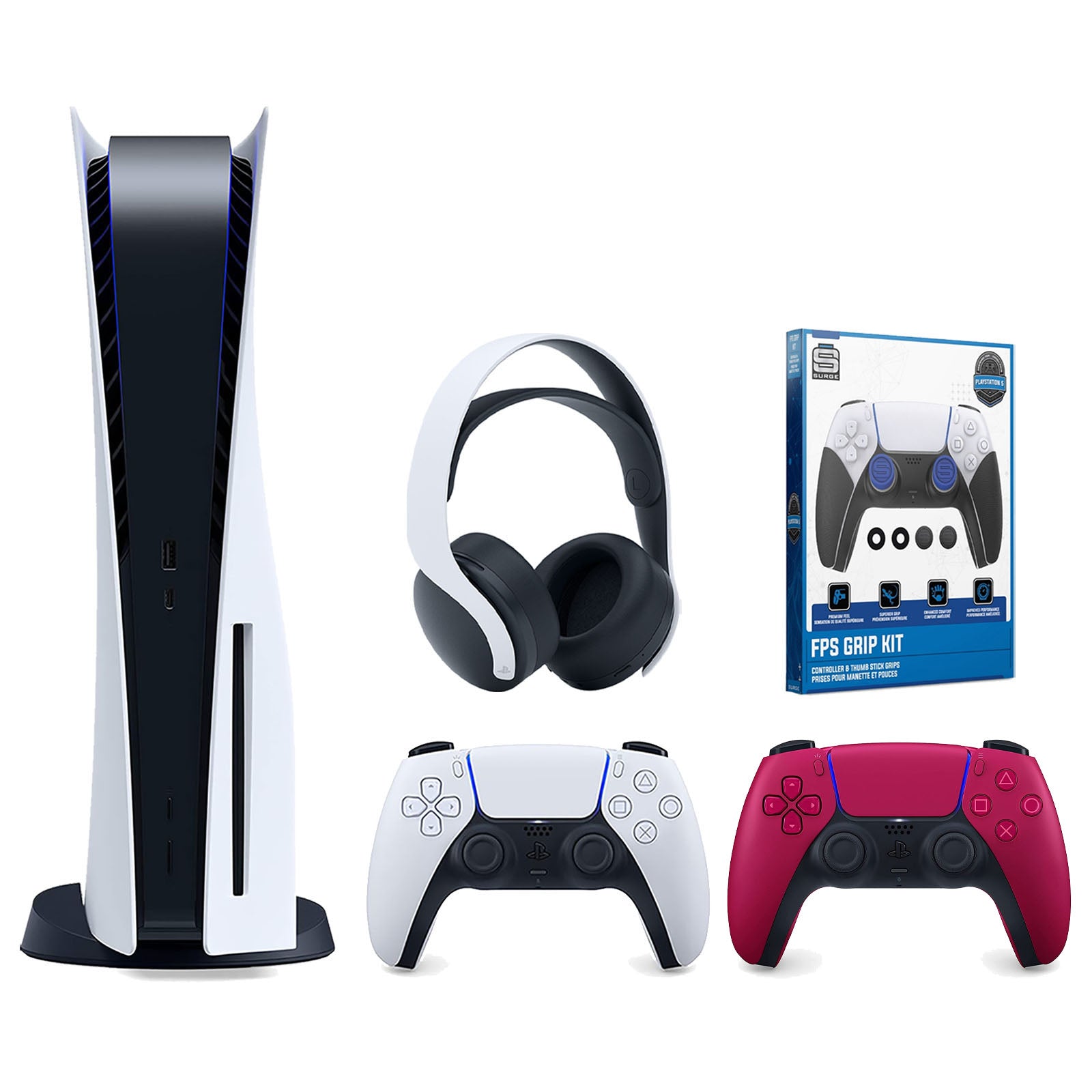 Sony Playstation 5 Disc Version Console with Extra Red Controller, White PULSE 3D Headset and Surge FPS Grip Kit With Precision Aiming Rings Bundle - Pro-Distributing