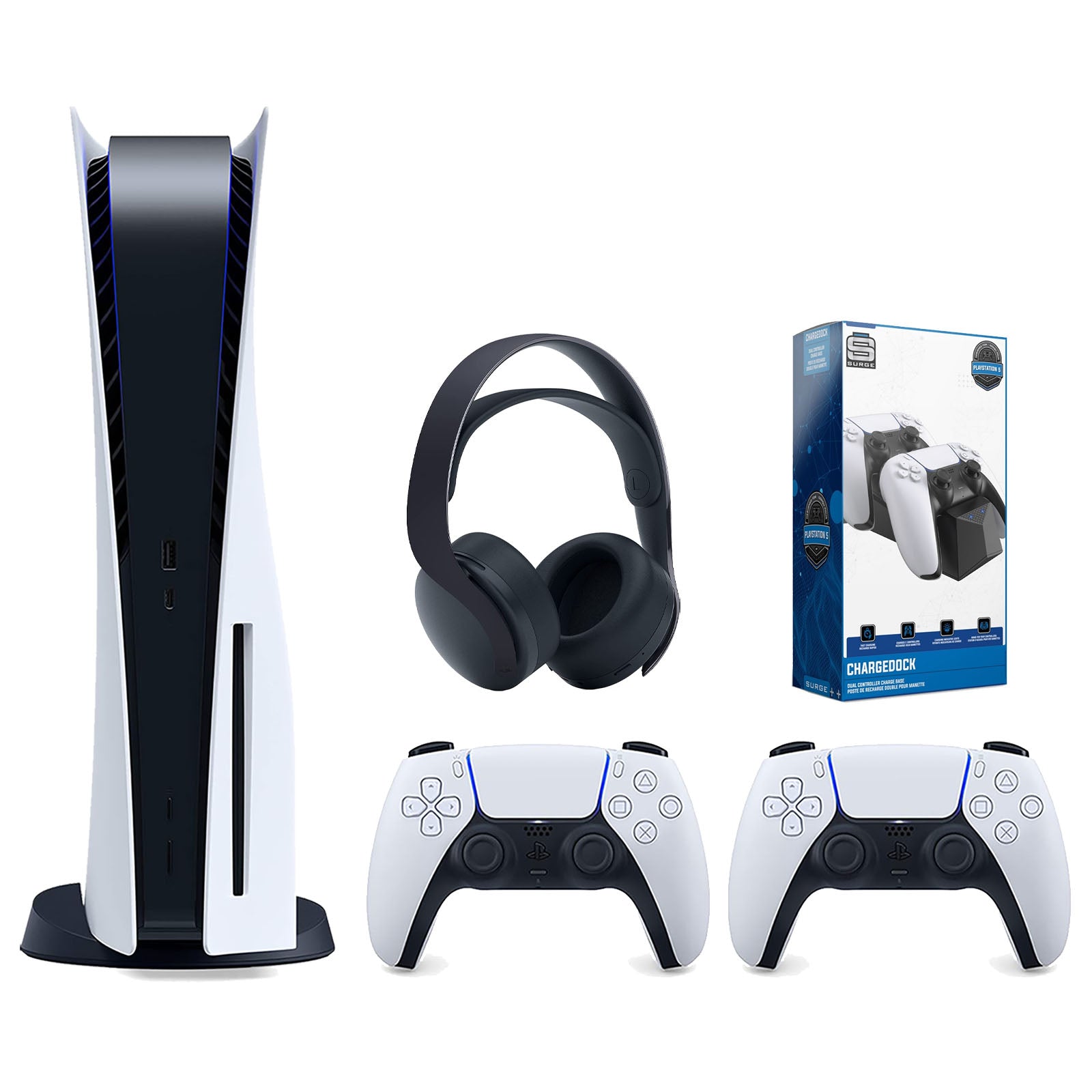 Sony Playstation 5 Disc Version Console with Extra White Controller, Black PULSE 3D Headset and Surge Dual Controller Charge Dock Bundle - Pro-Distributing