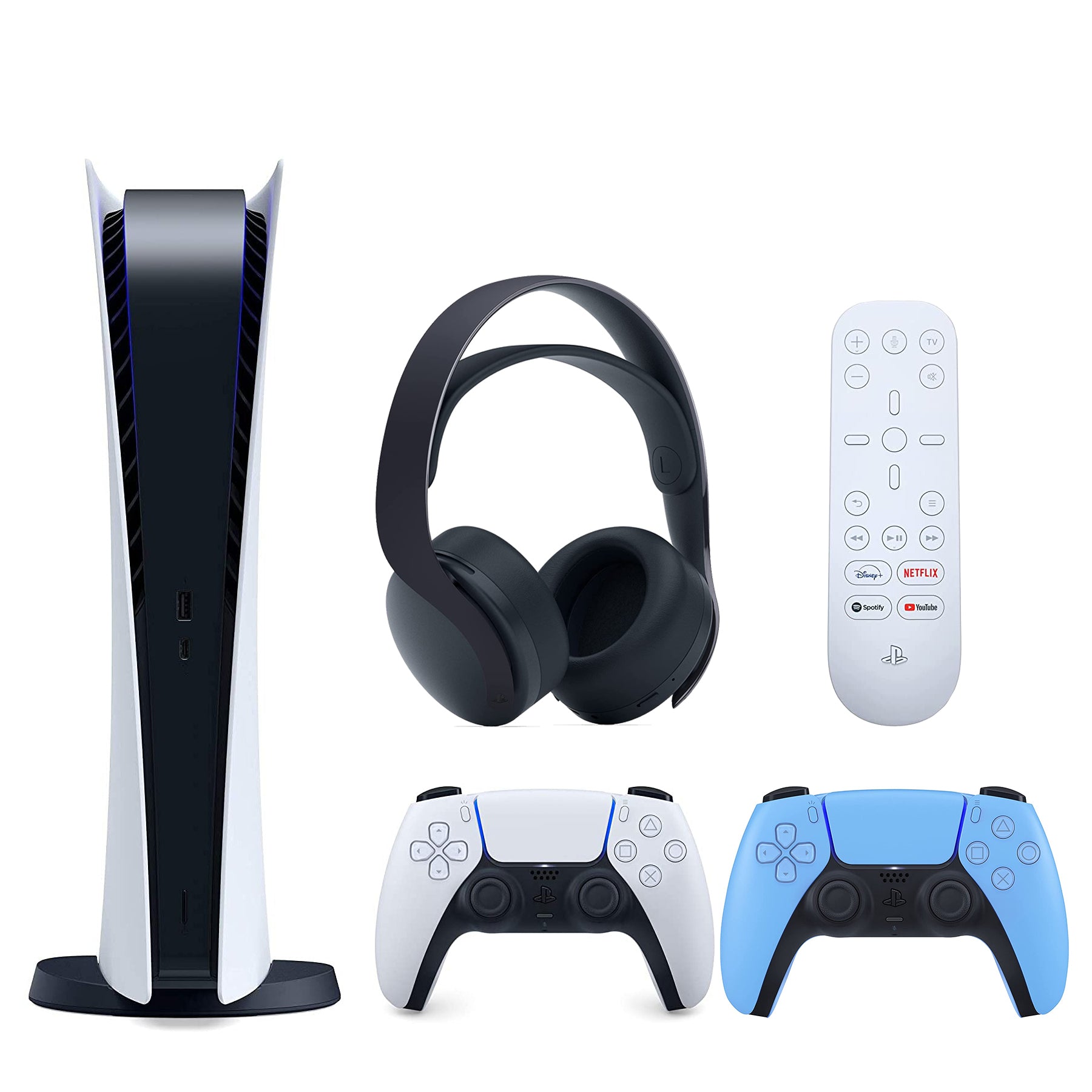 Sony Playstation 5 Digital Version (Sony PS5 Digital) with Extra Starlight Blue Controller, Black PULSE 3D Headset and Media Remote Bundle - Pro-Distributing