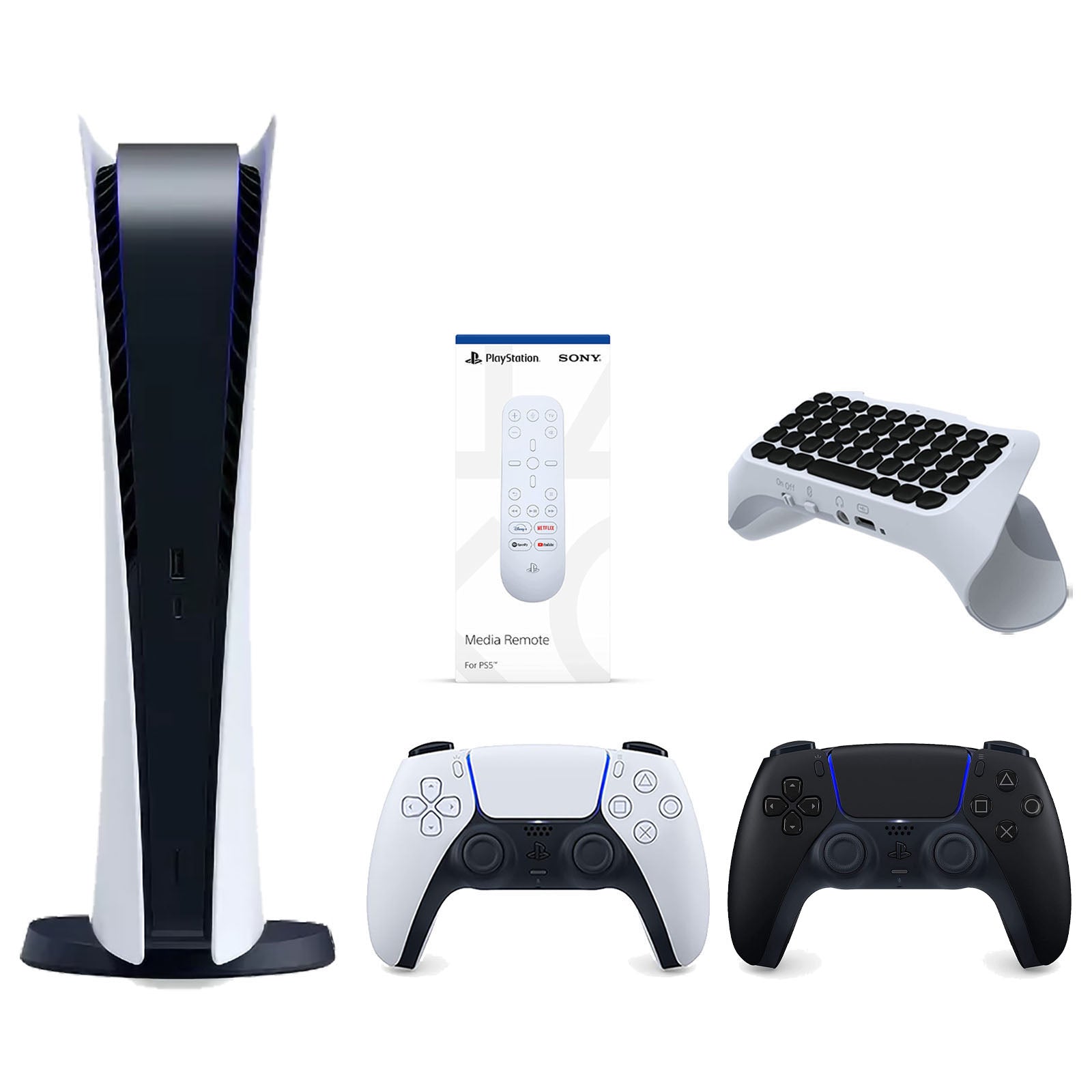 Sony Playstation 5 Digital Edition Console with Extra Black Controller, Media Remote and Surge QuickType 2.0 Wireless PS5 Controller Keypad Bundle - Pro-Distributing