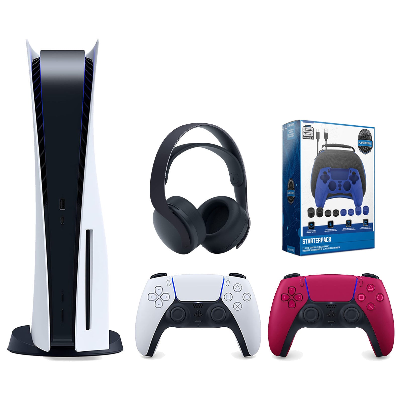Sony Playstation 5 Disc Version Console with Extra Red Controller, Black PULSE 3D Headset and Surge Pro Gamer Starter Pack 11-Piece Accessory Bundle - Pro-Distributing
