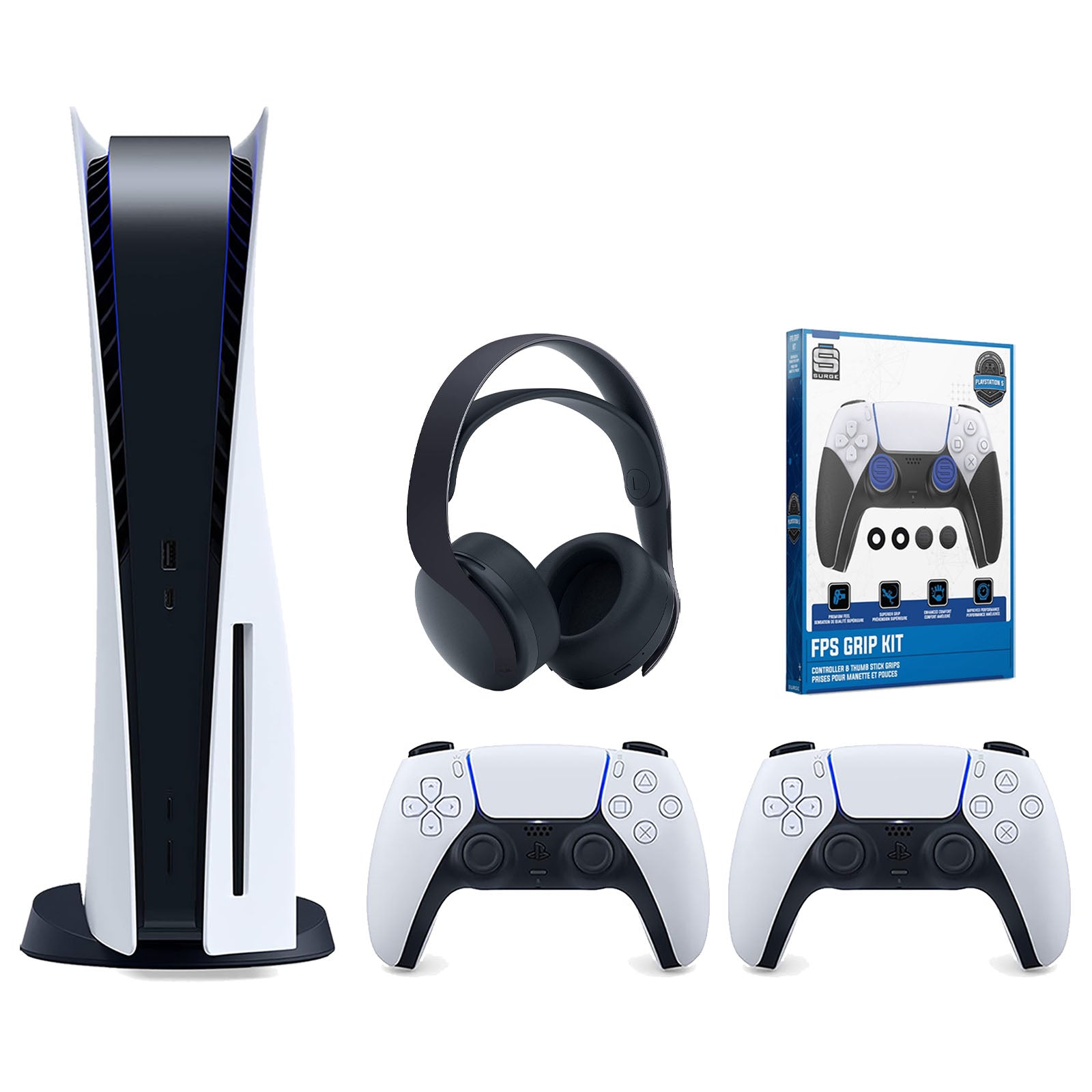 Sony Playstation 5 Disc Version Console with Extra White Controller, Black PULSE 3D Headset and Surge FPS Grip Kit With Precision Aiming Rings Bundle - Pro-Distributing