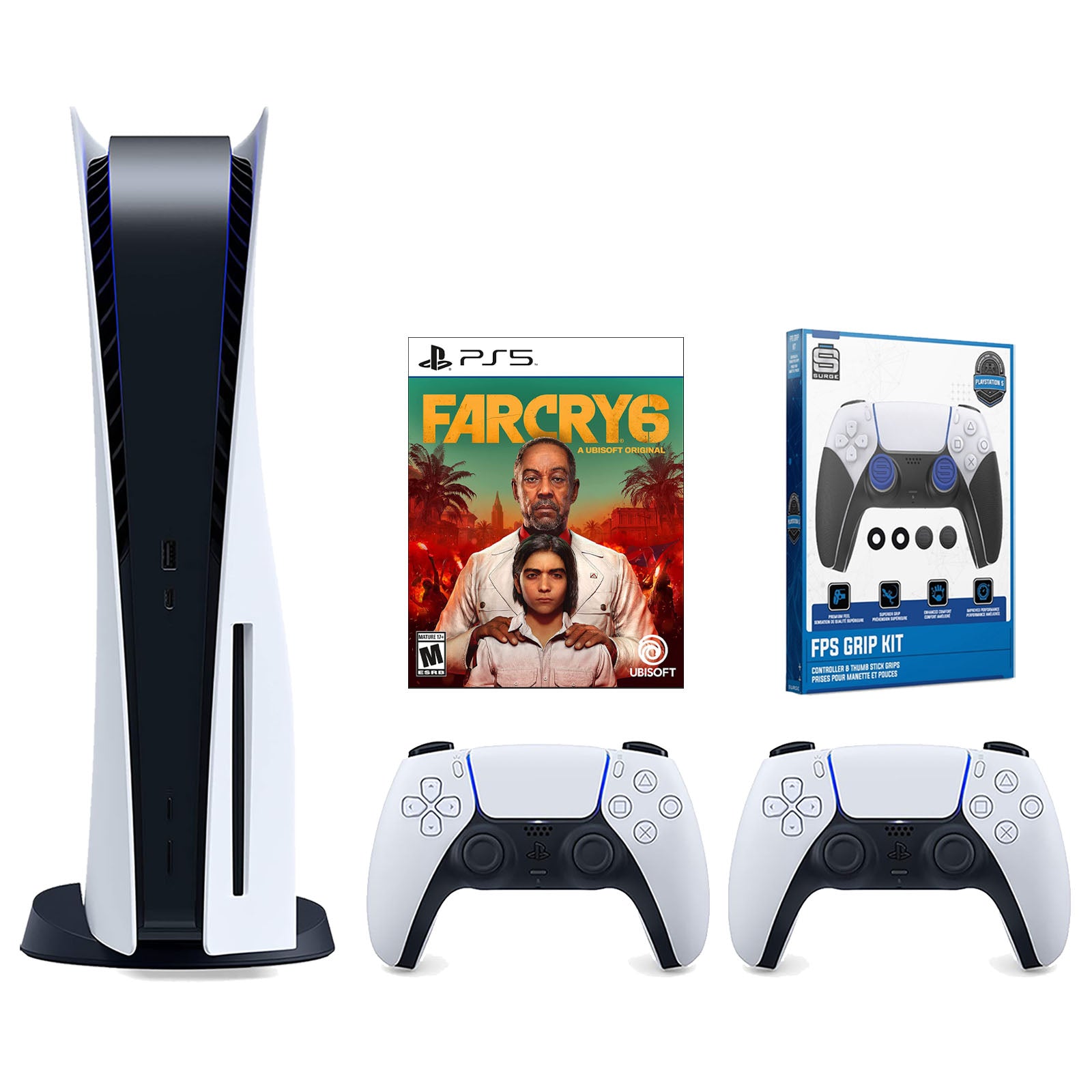 Sony Playstation 5 Disc Version Console with Extra White Controller, Surge FPS Grip Kit With Precision Aiming Rings and Far Cry 6 Bundle - Pro-Distributing