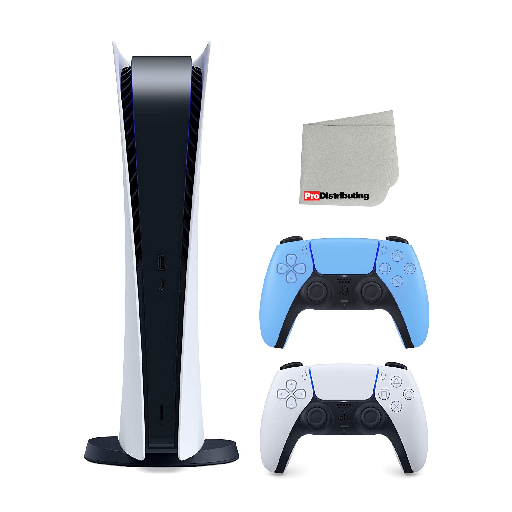 Sony Playstation 5 Digital Version (Sony PS5 Digital) with Extra Starlight Blue Controller Bundle and Cleaning Cloth - Pro-Distributing