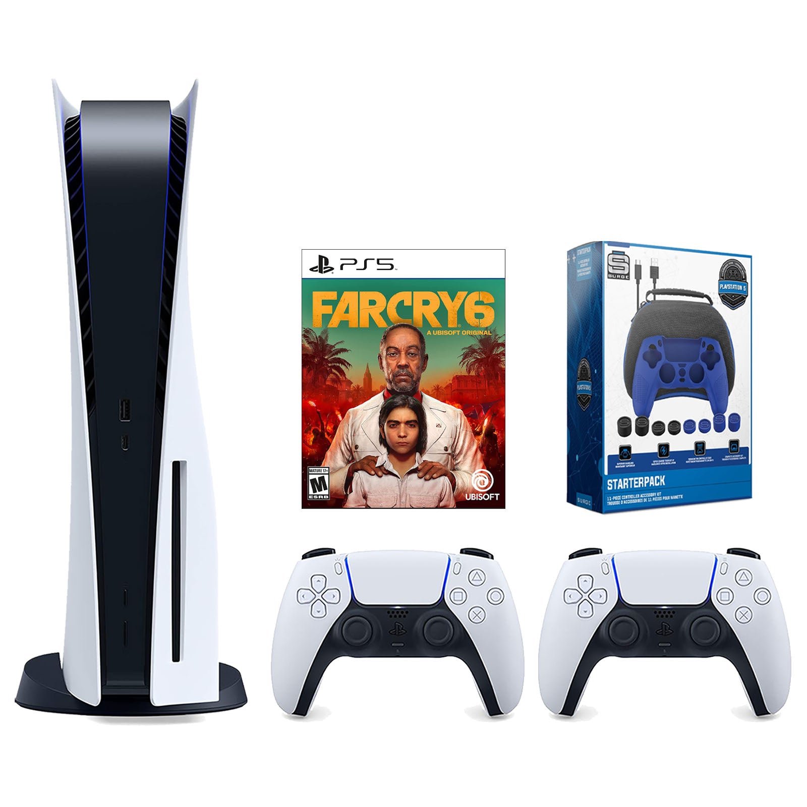 Sony Playstation 5 Disc Version Console with Extra White Controller, Surge Pro Gamer Starter Pack 11-Piece Accessory Kit and Far Cry 6 Bundle - Pro-Distributing