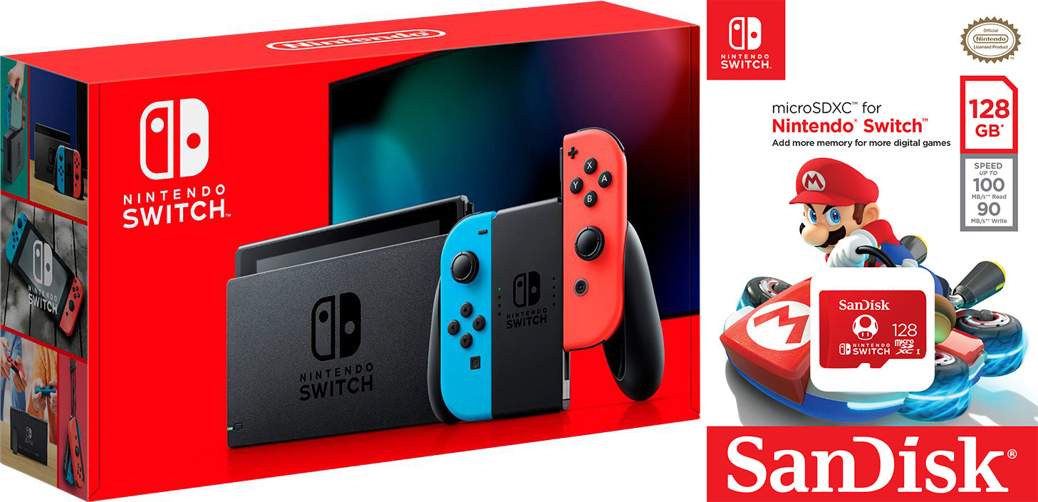 Nintendo Switch 32GB Console Neon with Sandisk 128GB MicroSD Bundle - Pro-Distributing