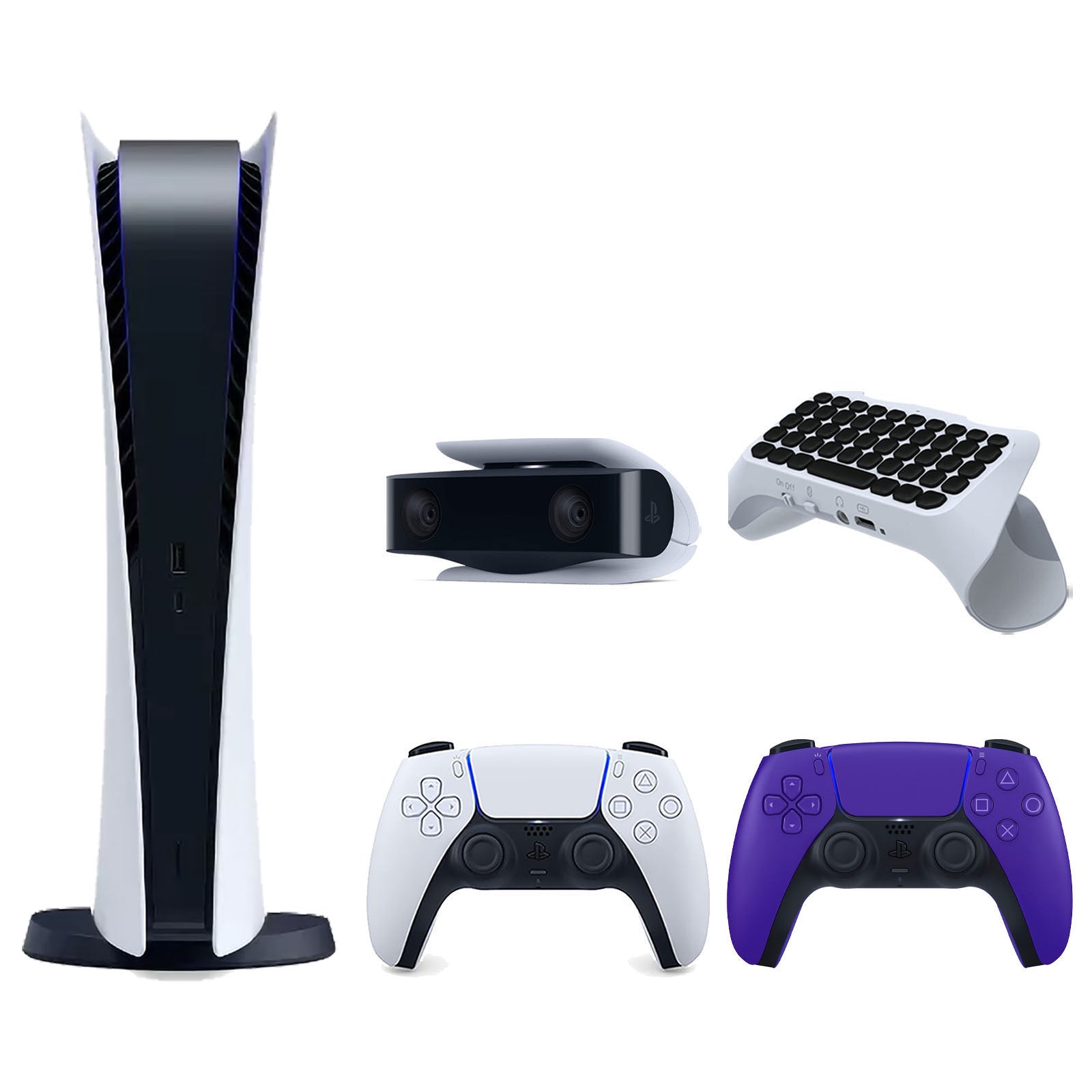 Sony Playstation 5 Digital Edition Console with Extra Purple Controller, 1080p HD Camera and Surge QuickType 2.0 Wireless PS5 Controller Keypad Bundle - Pro-Distributing