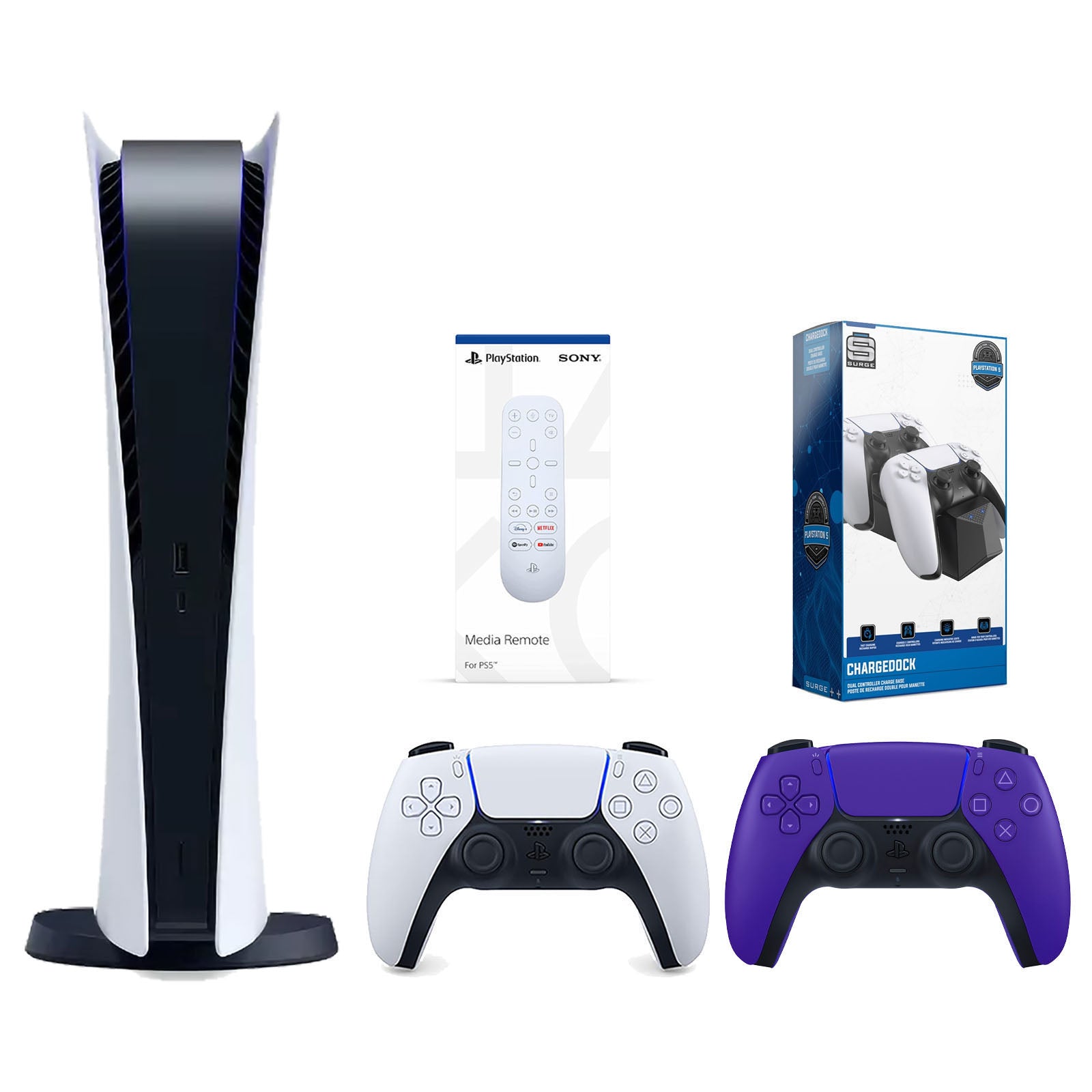 Sony Playstation 5 Digital Edition Console with Extra Purple Controller, Media Remote and Surge Dual Controller Charge Dock Bundle - Pro-Distributing